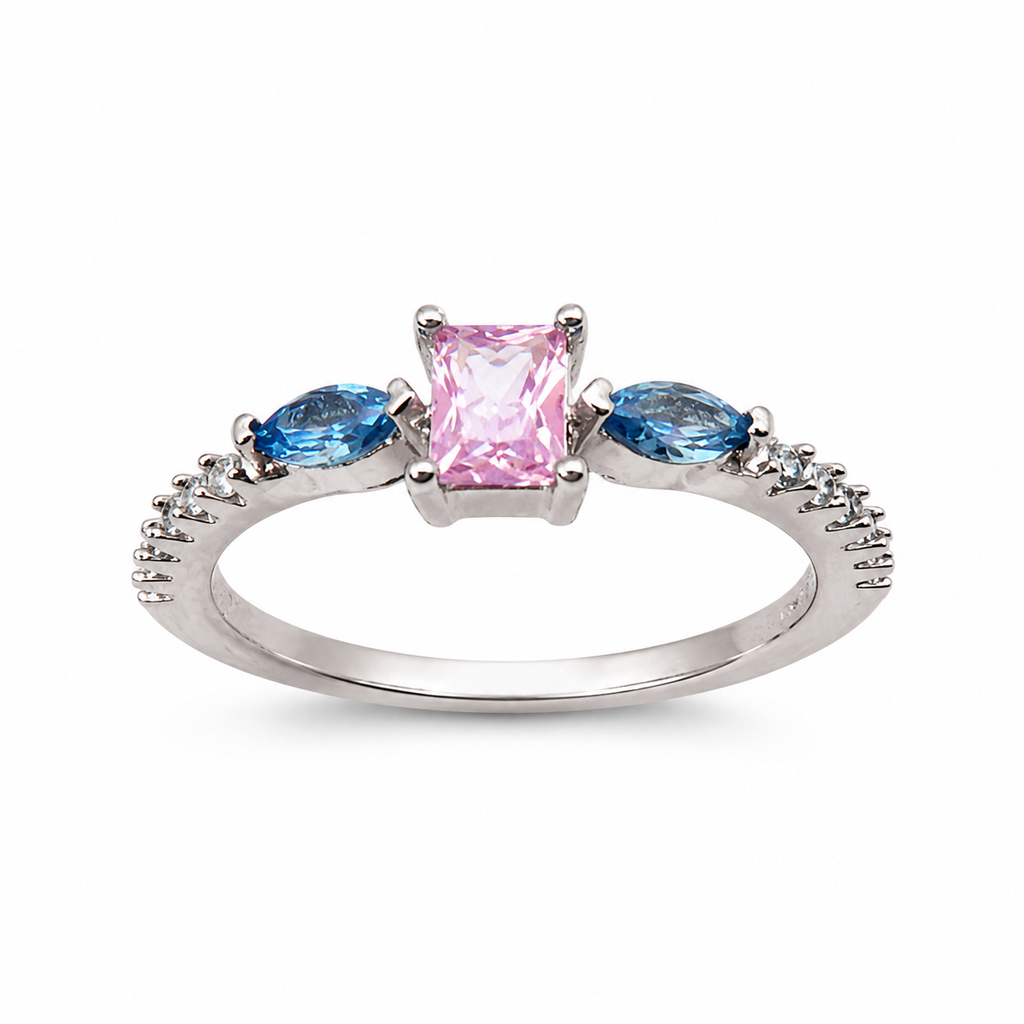 Adjustable Pink and Blue Zircon Stainless Steel Ring