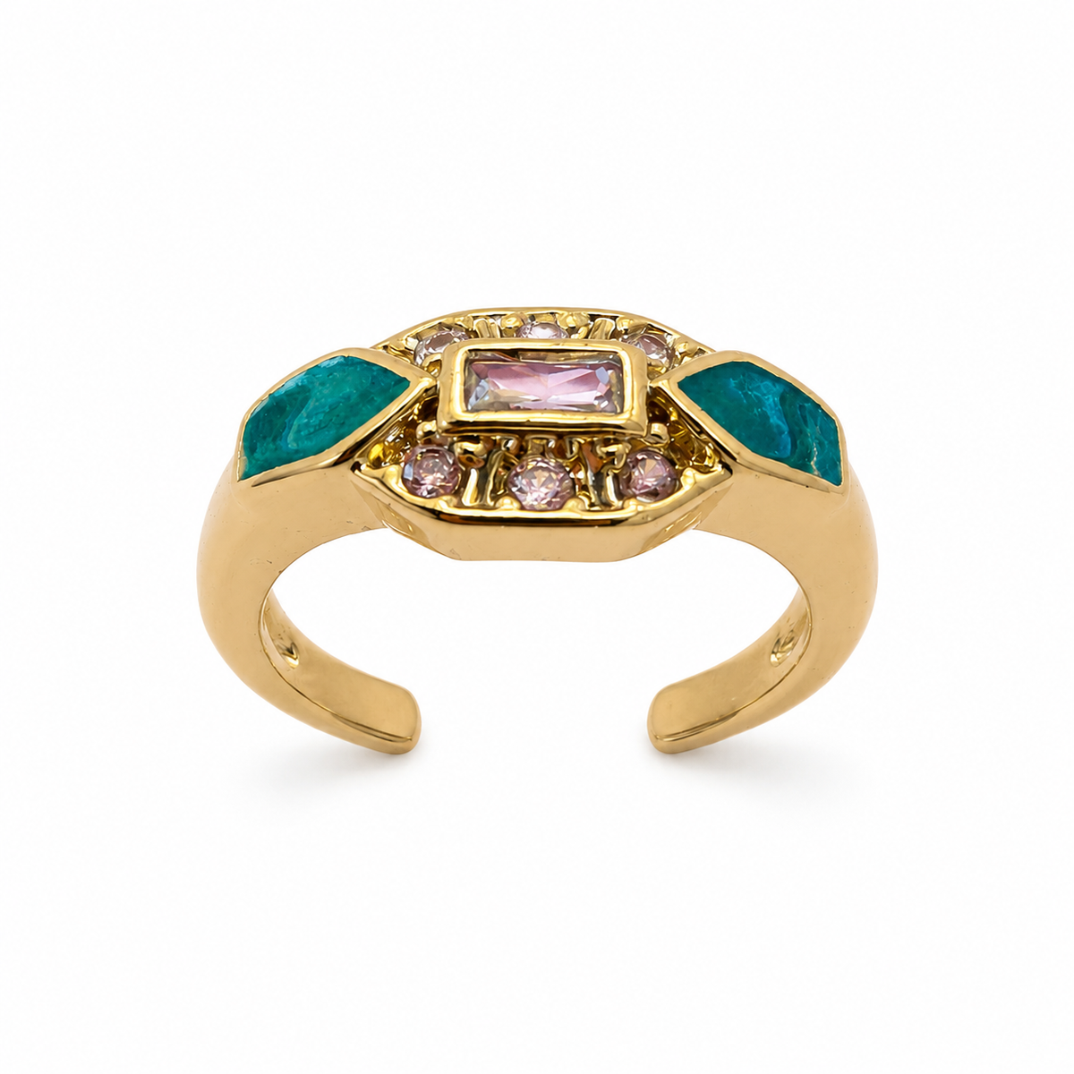 Emerald Enamel Art Deco Zircon Gold Tone Ring