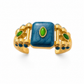 Blue Enamel Emerald Accent Gold Tone Adjustable Ring