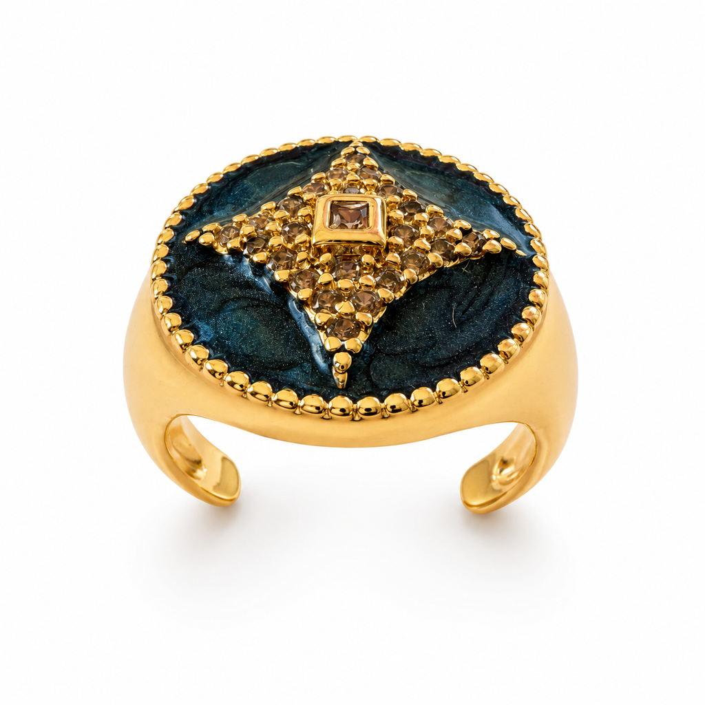 Midnight Enamel Starburst Zircon Adjustable Ring