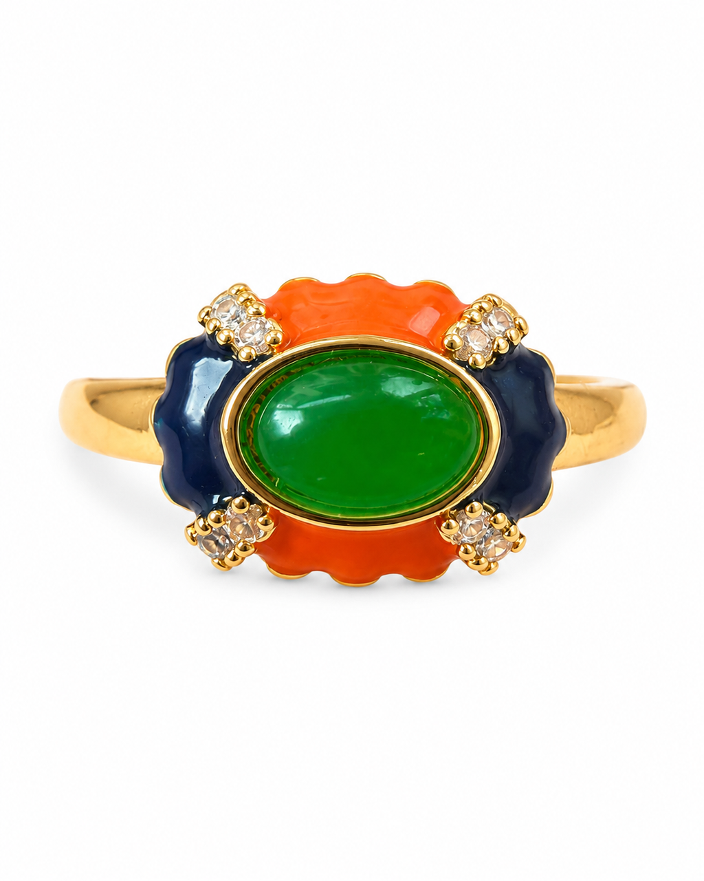 Green Stone Multicolor Enamel Adjustable Ring