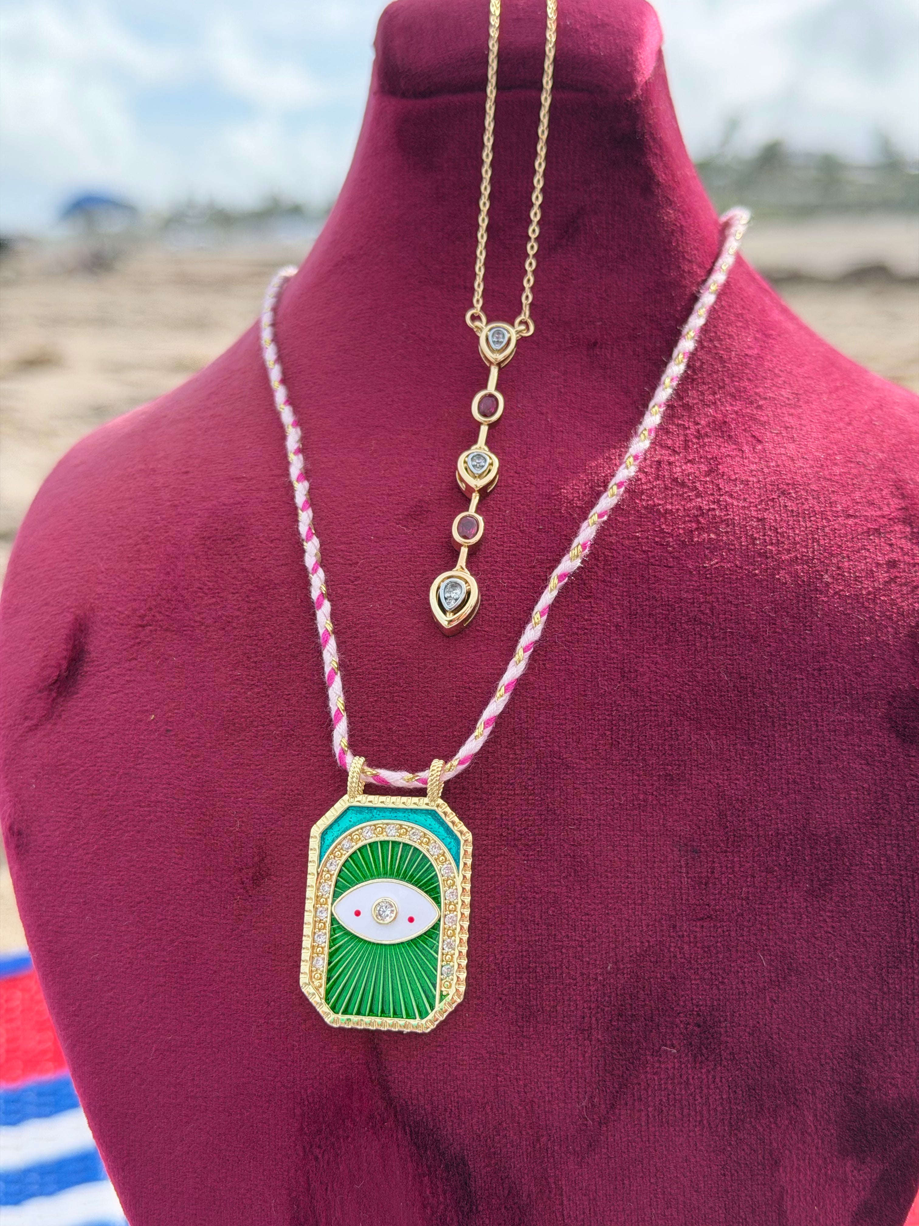 Enamel Detailed Gold Plated Stainless Steel Cord Necklace