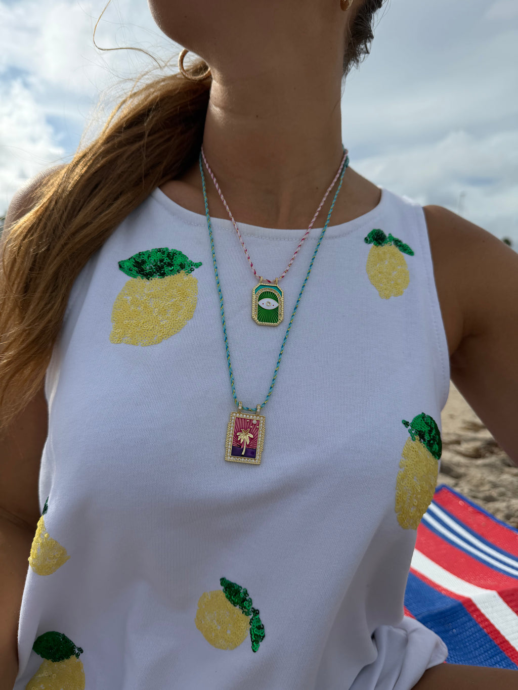 Enamel Detailed Gold Plated Stainless Steel Cord Necklace