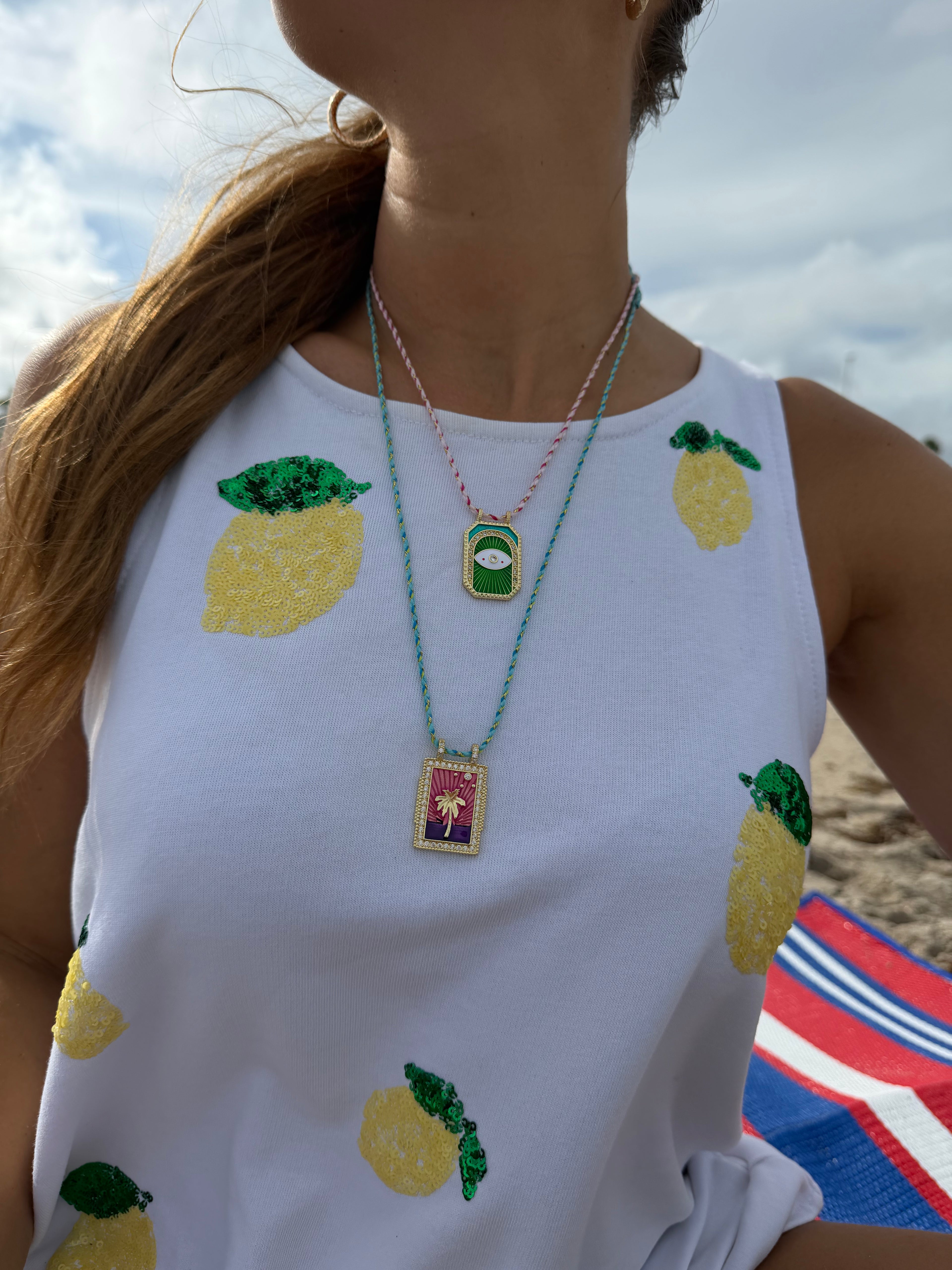 Enamel Detailed Gold Plated Stainless Steel Cord Necklace