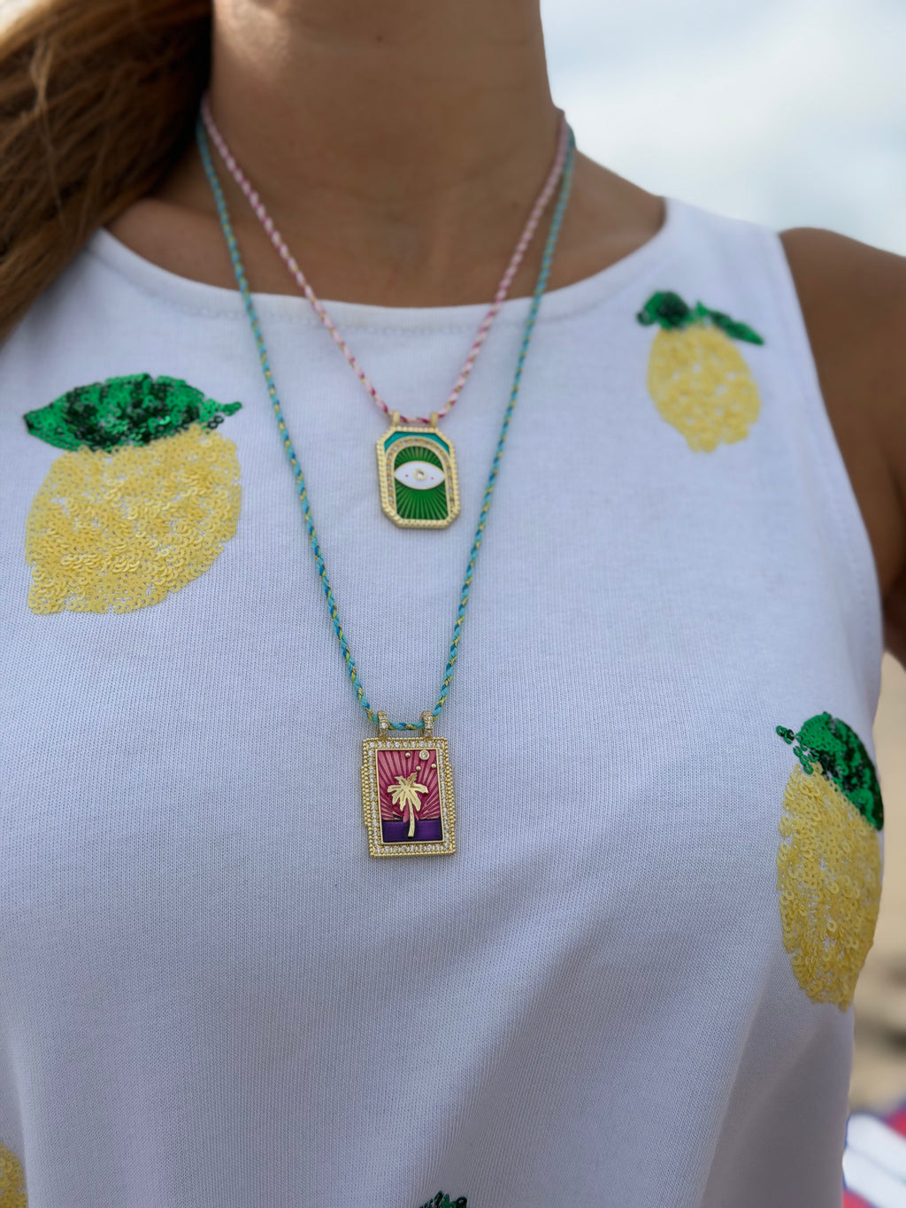 Enamel Detailed Gold Plated Stainless Steel Cord Necklace