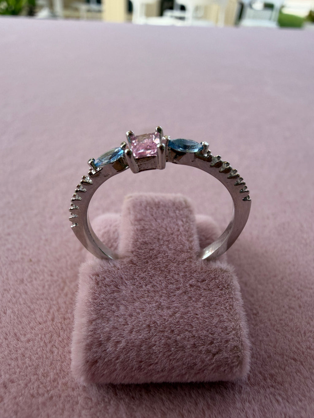 Adjustable Pink and Blue Zircon Stainless Steel Ring