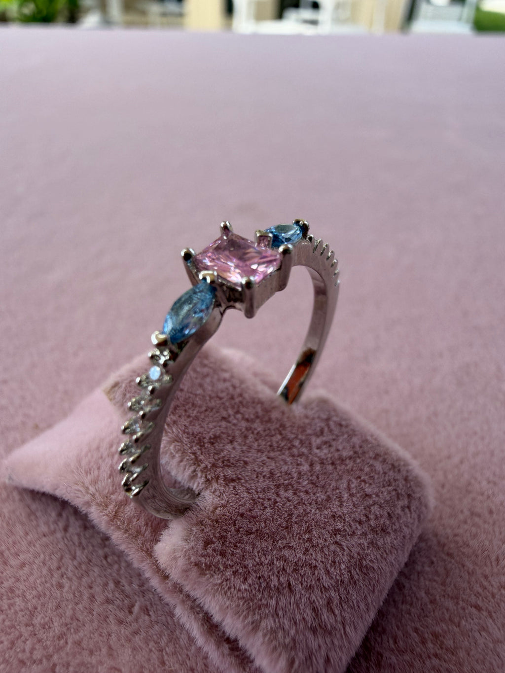 Adjustable Pink and Blue Zircon Stainless Steel Ring