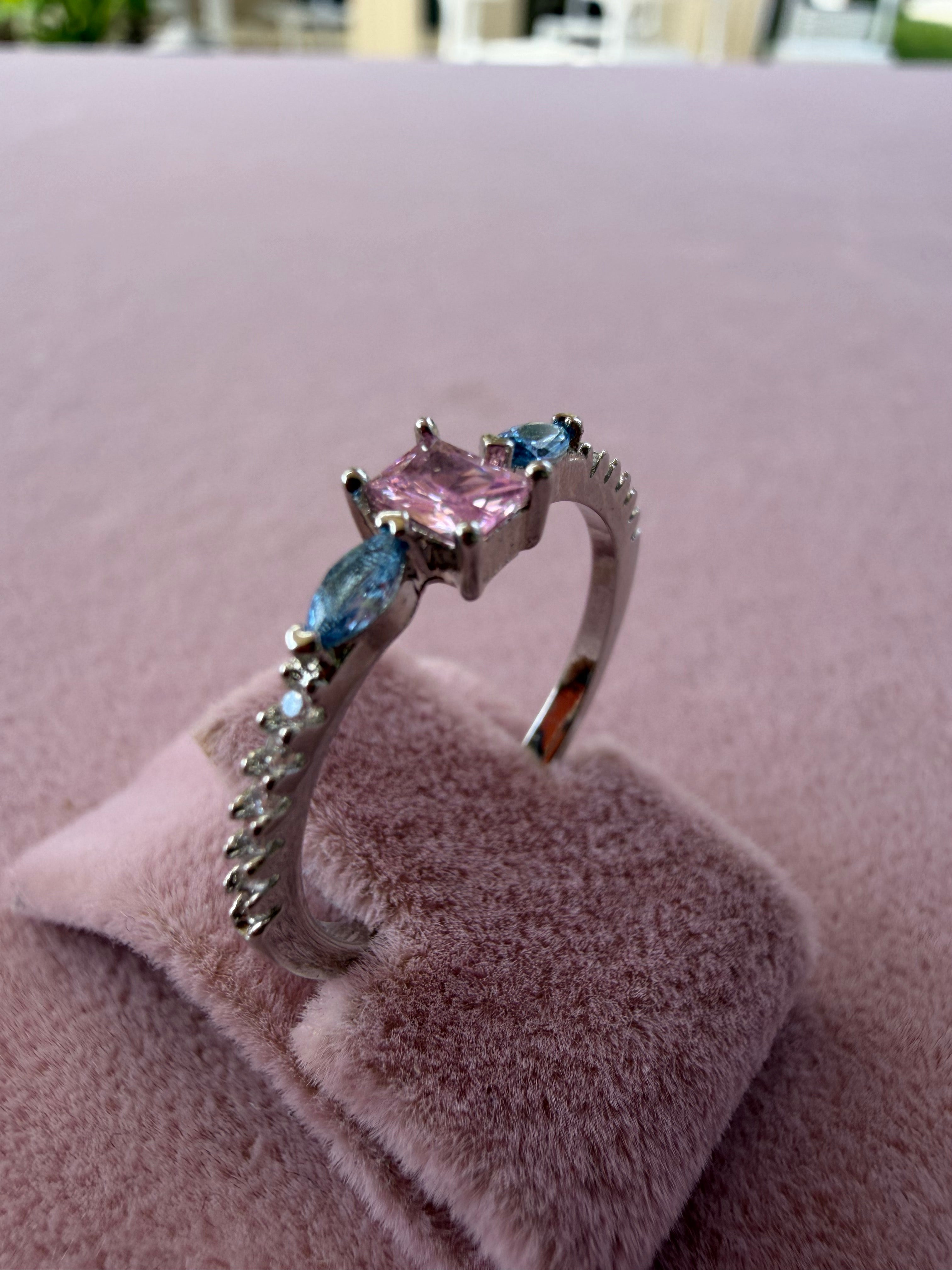 Adjustable Pink and Blue Zircon Stainless Steel Ring