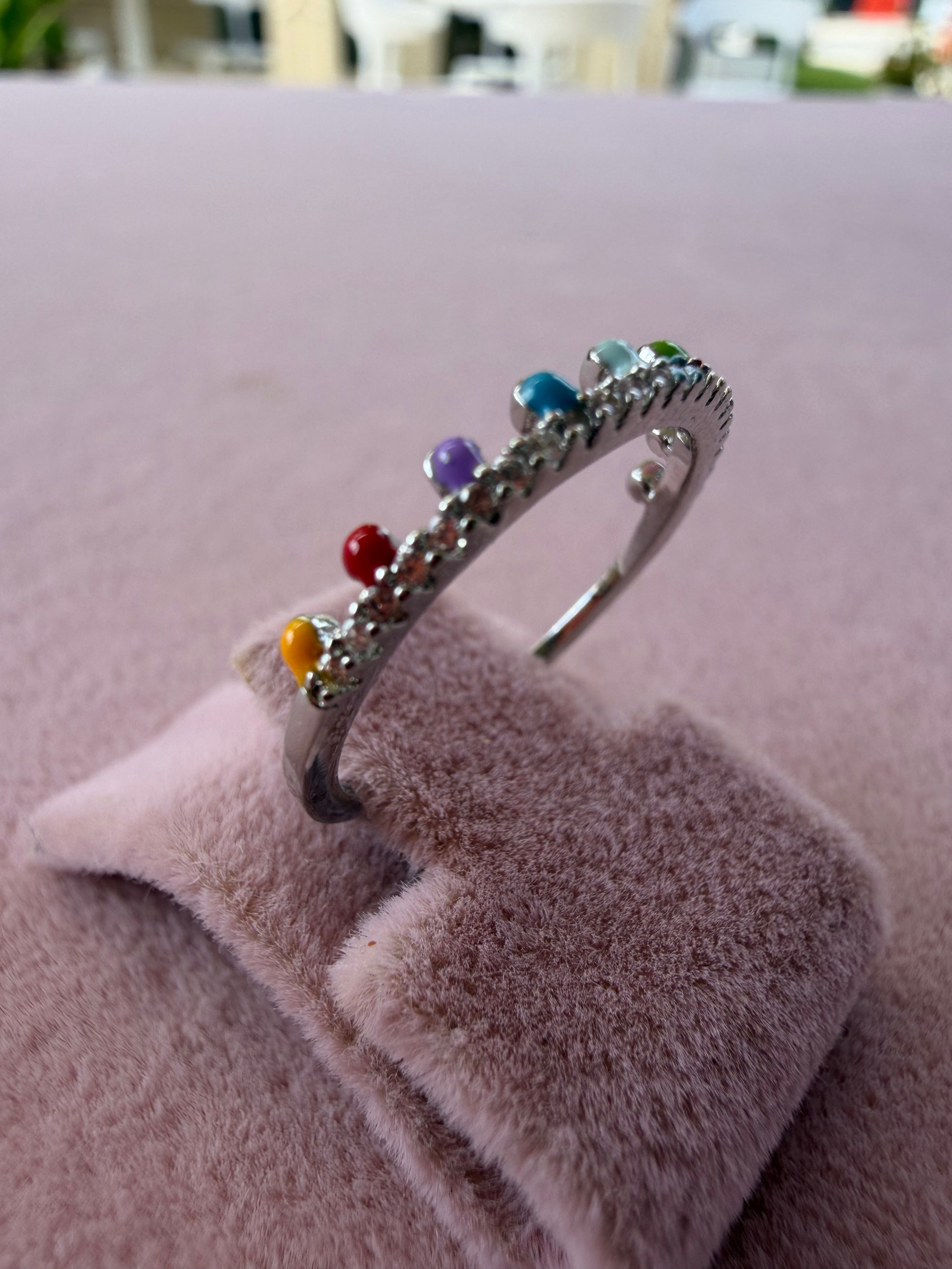 Adjustable Rainbow Stone Stainless Steel Ring