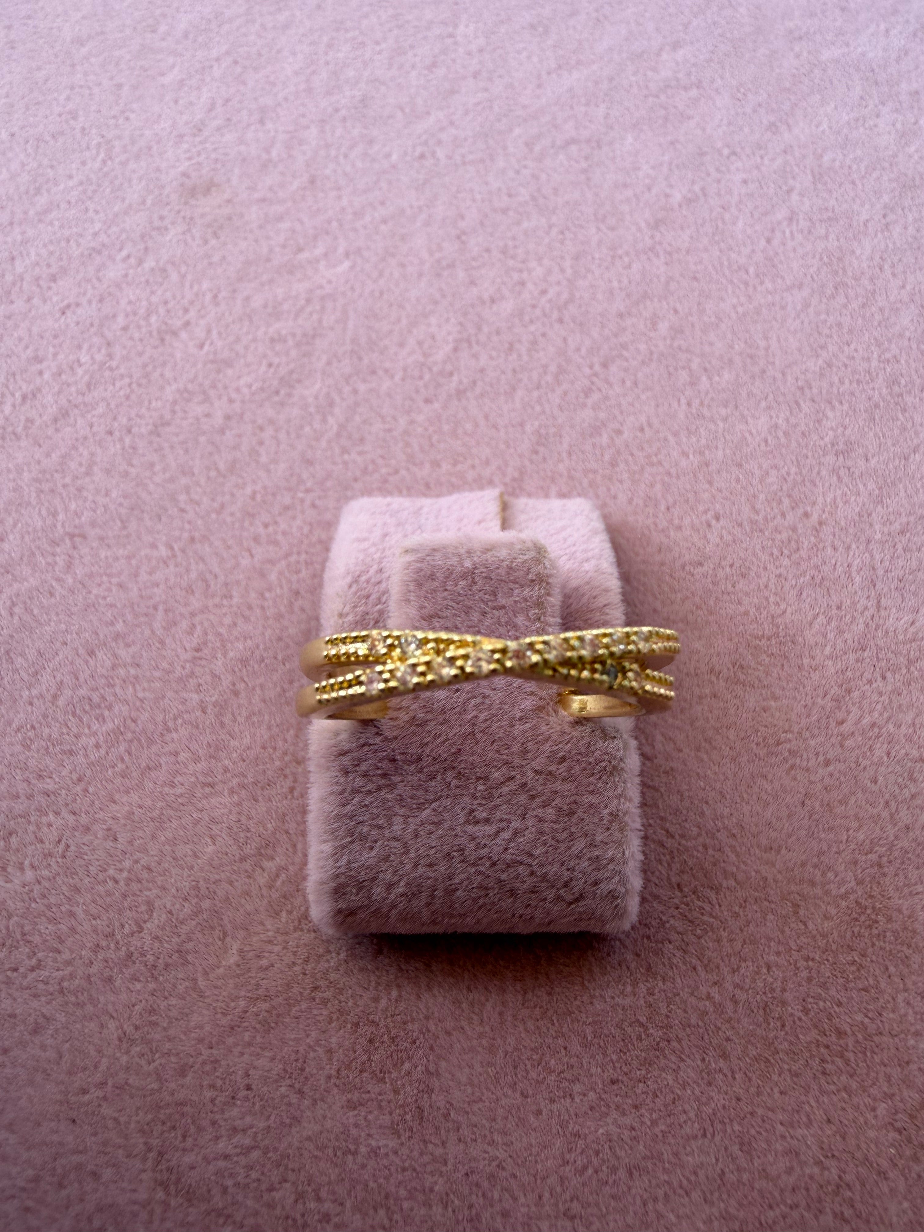 Golden Crossover Pavé Zircon Adjustable Ring