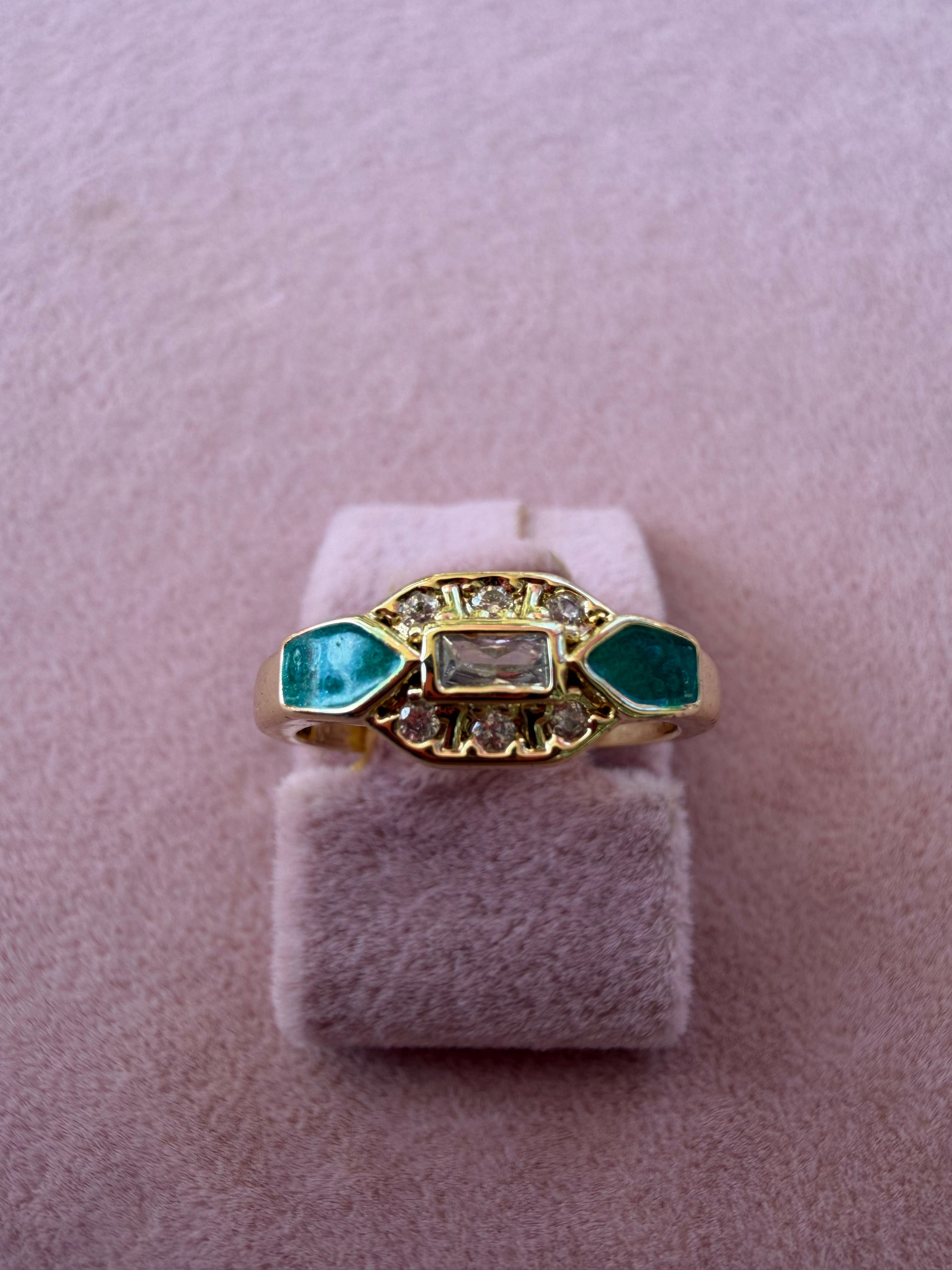 Emerald Enamel Art Deco Zircon Gold Tone Ring