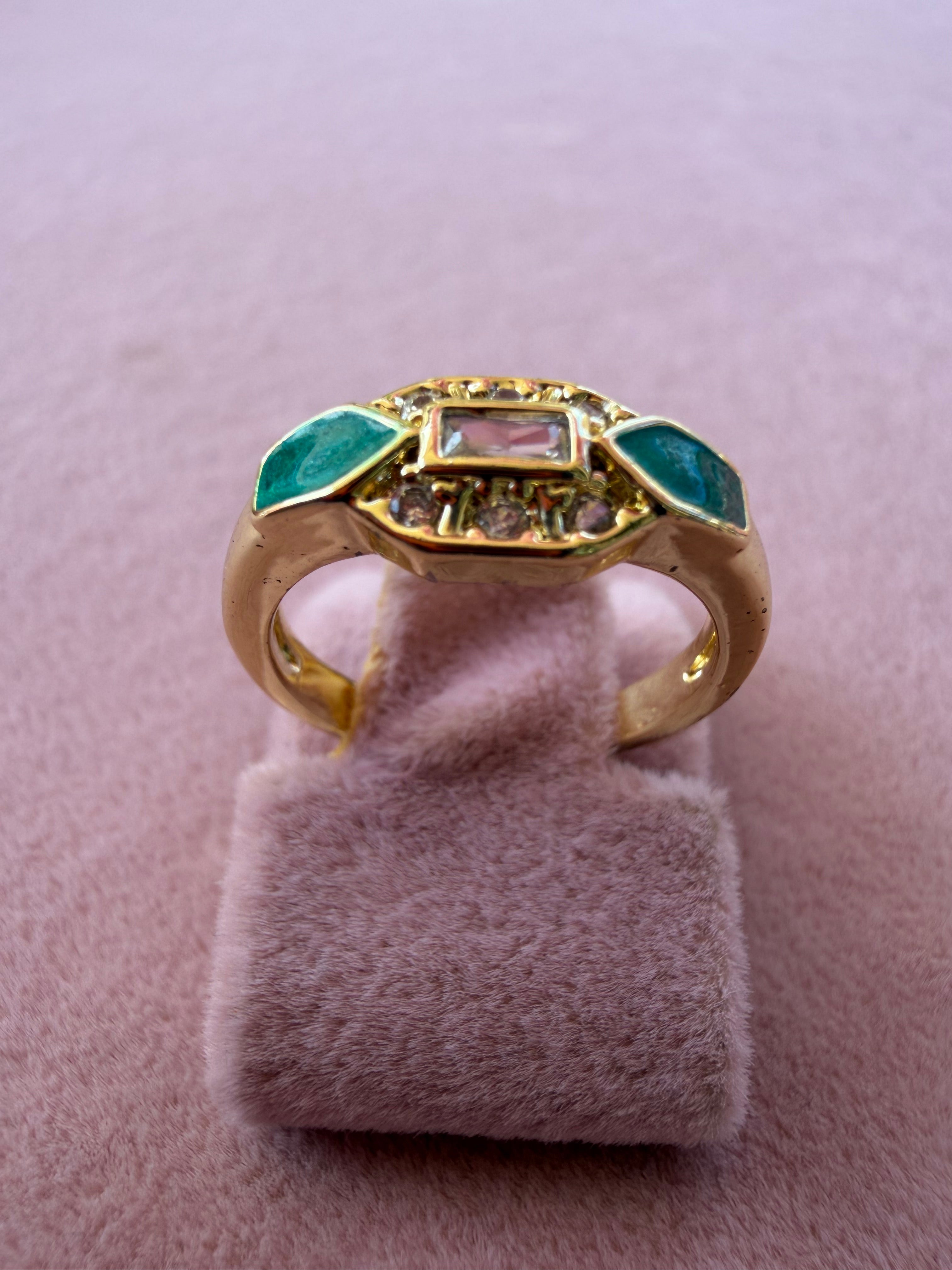 Emerald Enamel Art Deco Zircon Gold Tone Ring