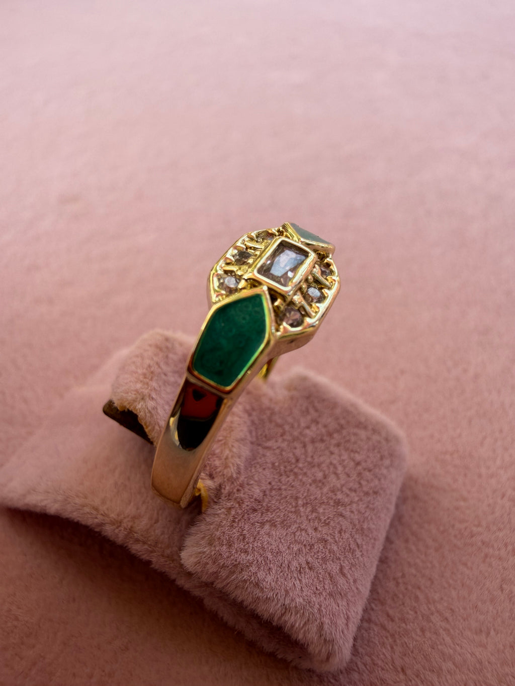 Emerald Enamel Art Deco Zircon Gold Tone Ring
