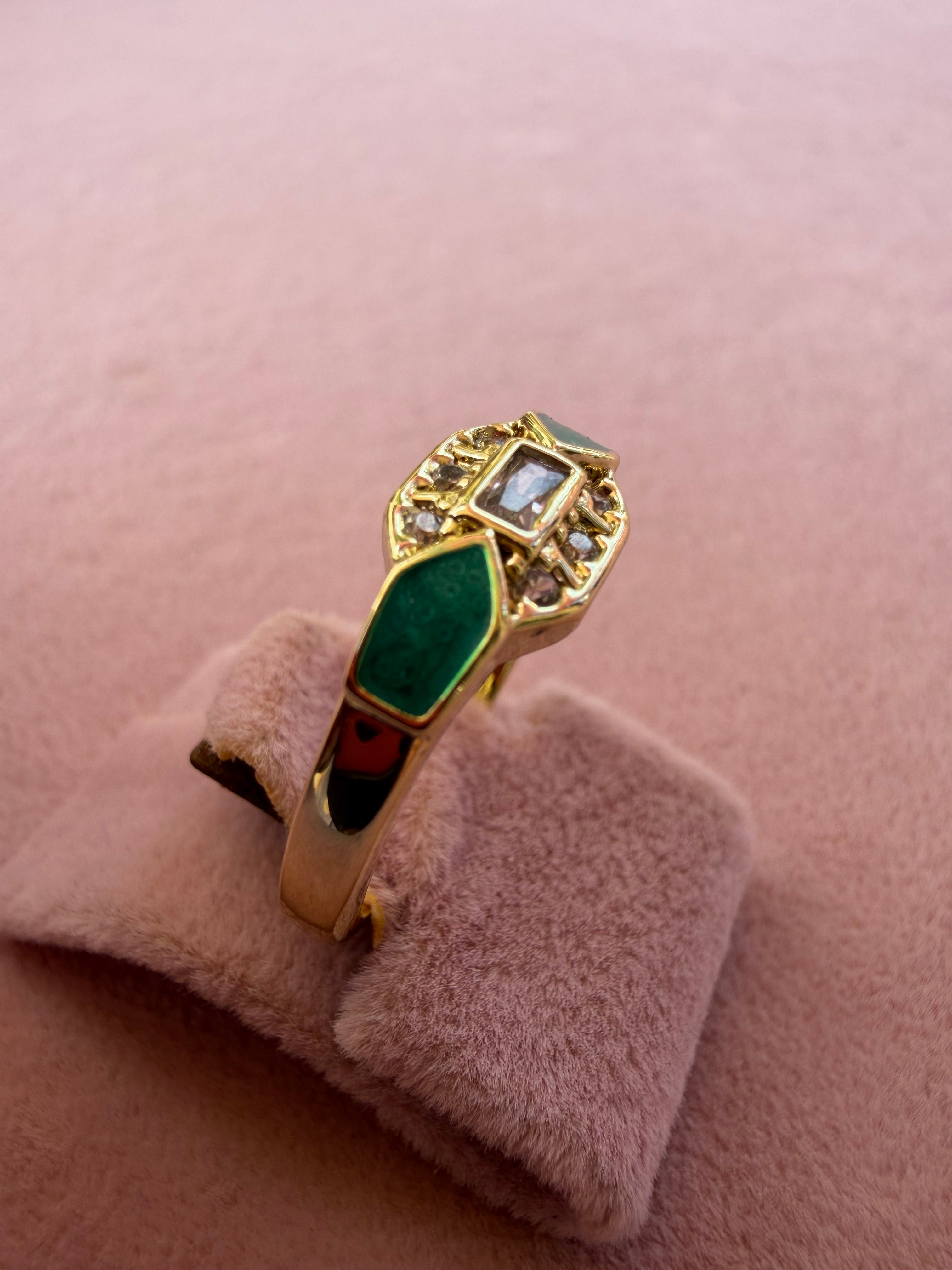 Emerald Enamel Art Deco Zircon Gold Tone Ring