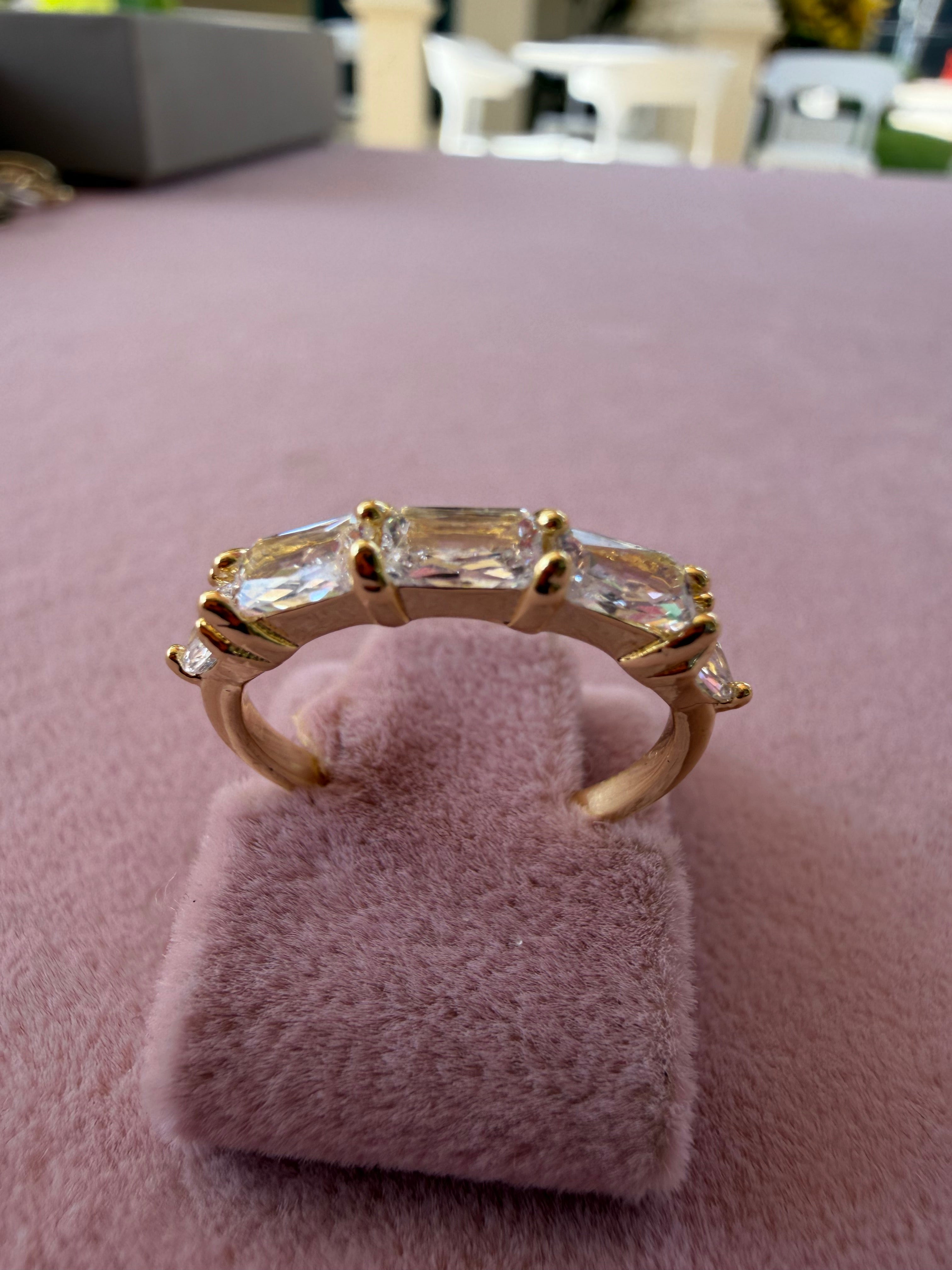 Triple Baguette Zircon Gold Tone Adjustable Ring