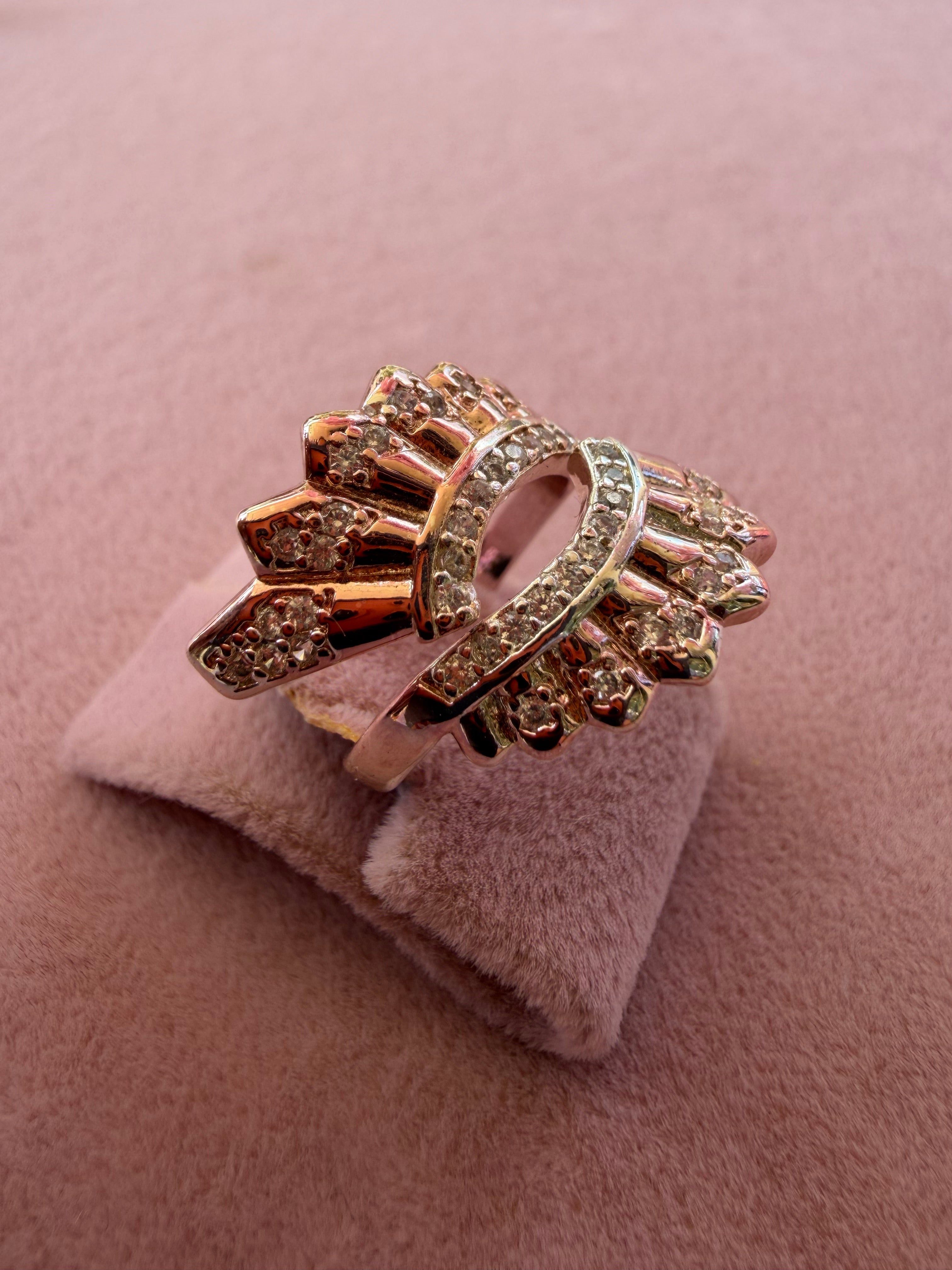 Ornate Fan Zircon Rose Gold Tone Adjustable Ring