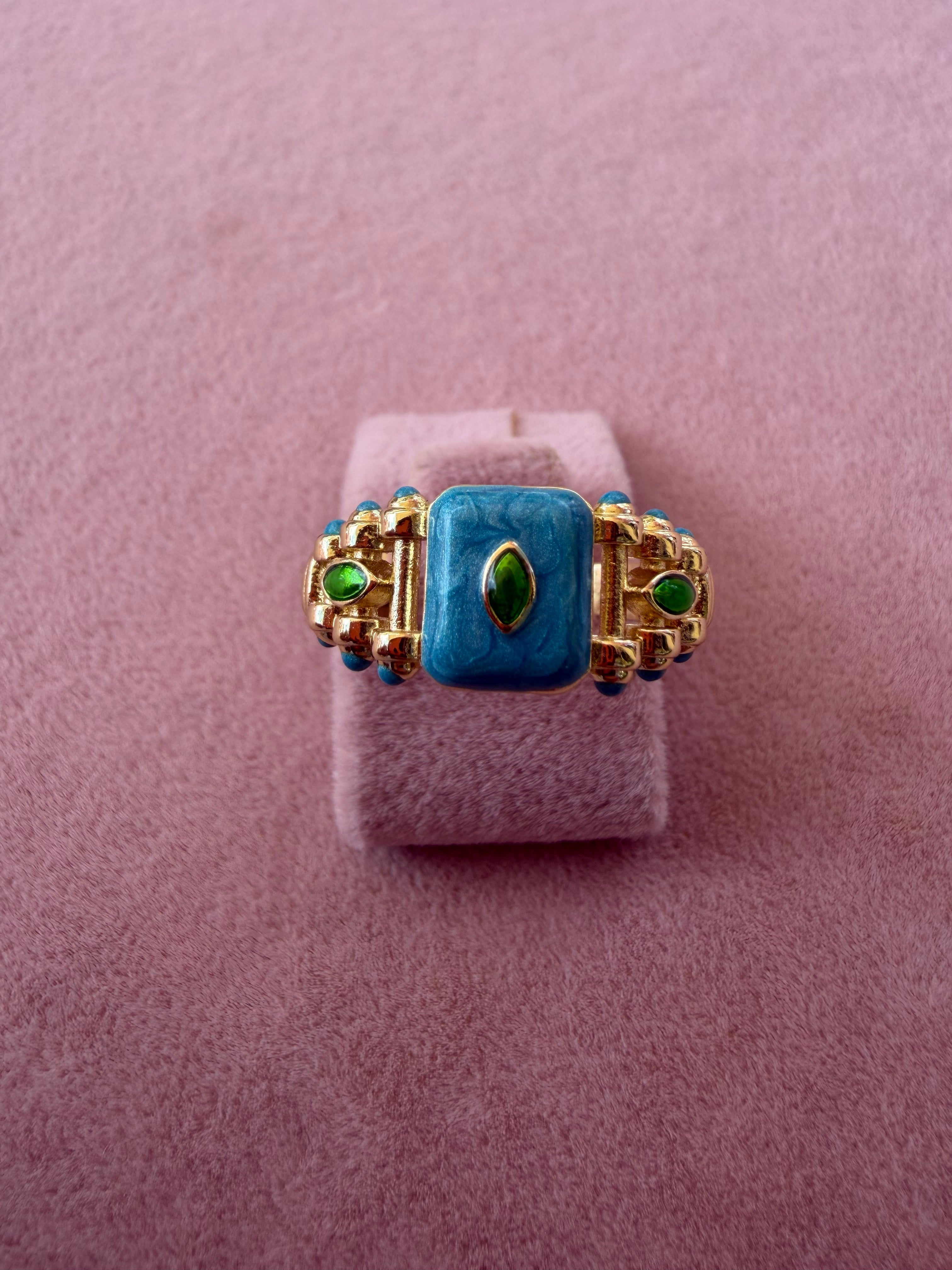 Blue Enamel Emerald Accent Gold Tone Adjustable Ring