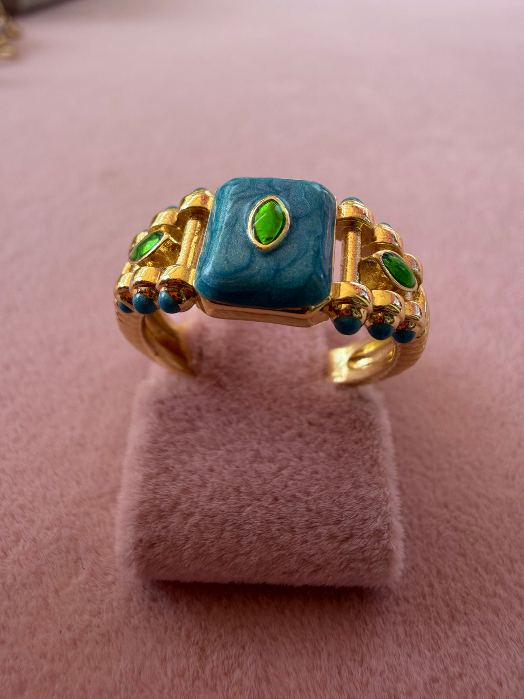 Blue Enamel Emerald Accent Gold Tone Adjustable Ring