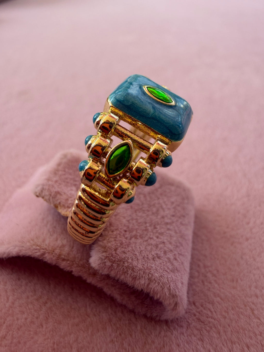 Blue Enamel Emerald Accent Gold Tone Adjustable Ring
