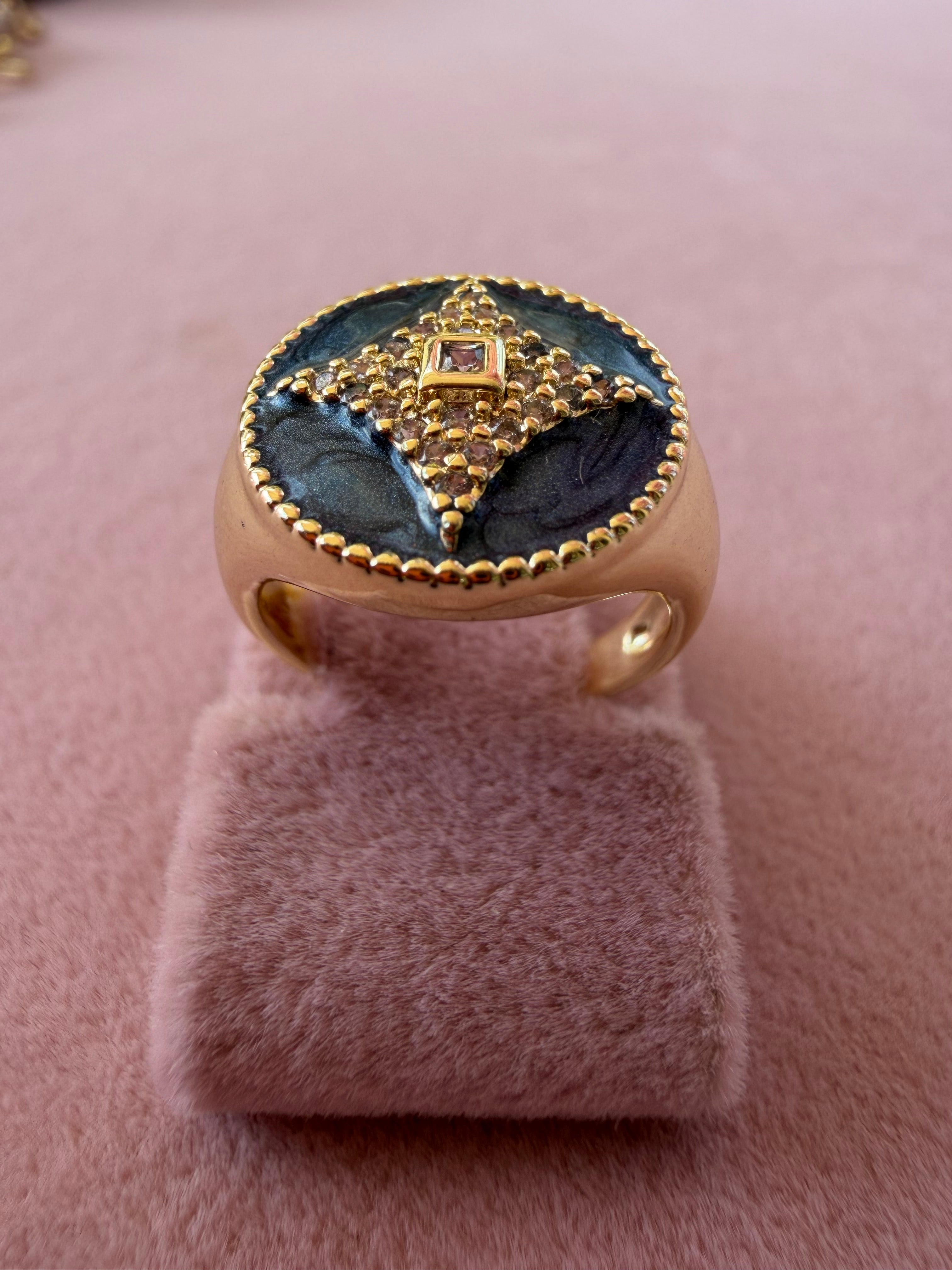 Midnight Enamel Starburst Zircon Adjustable Ring