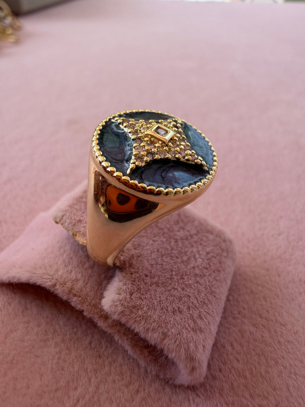 Midnight Enamel Starburst Zircon Adjustable Ring