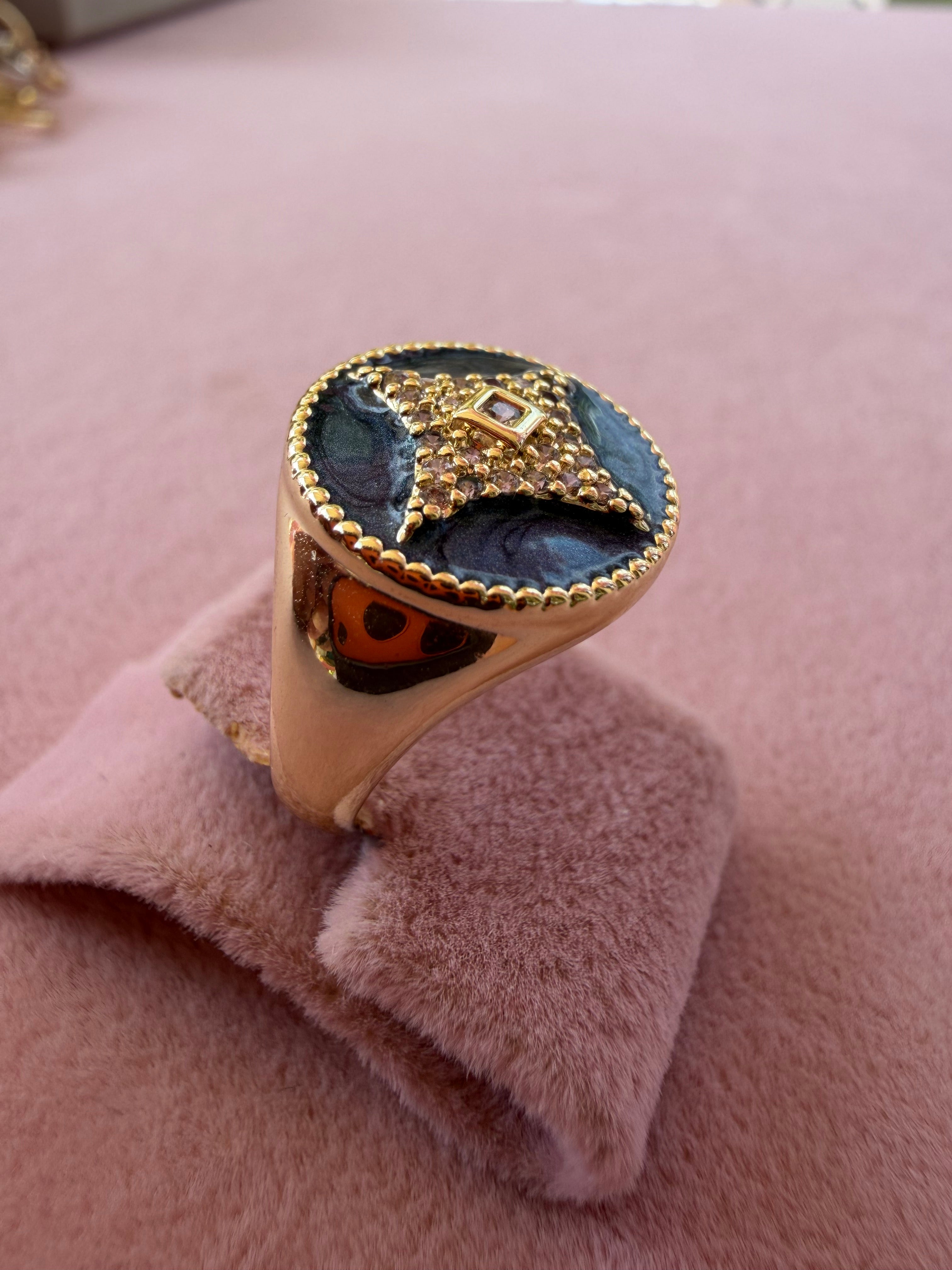 Midnight Enamel Starburst Zircon Adjustable Ring