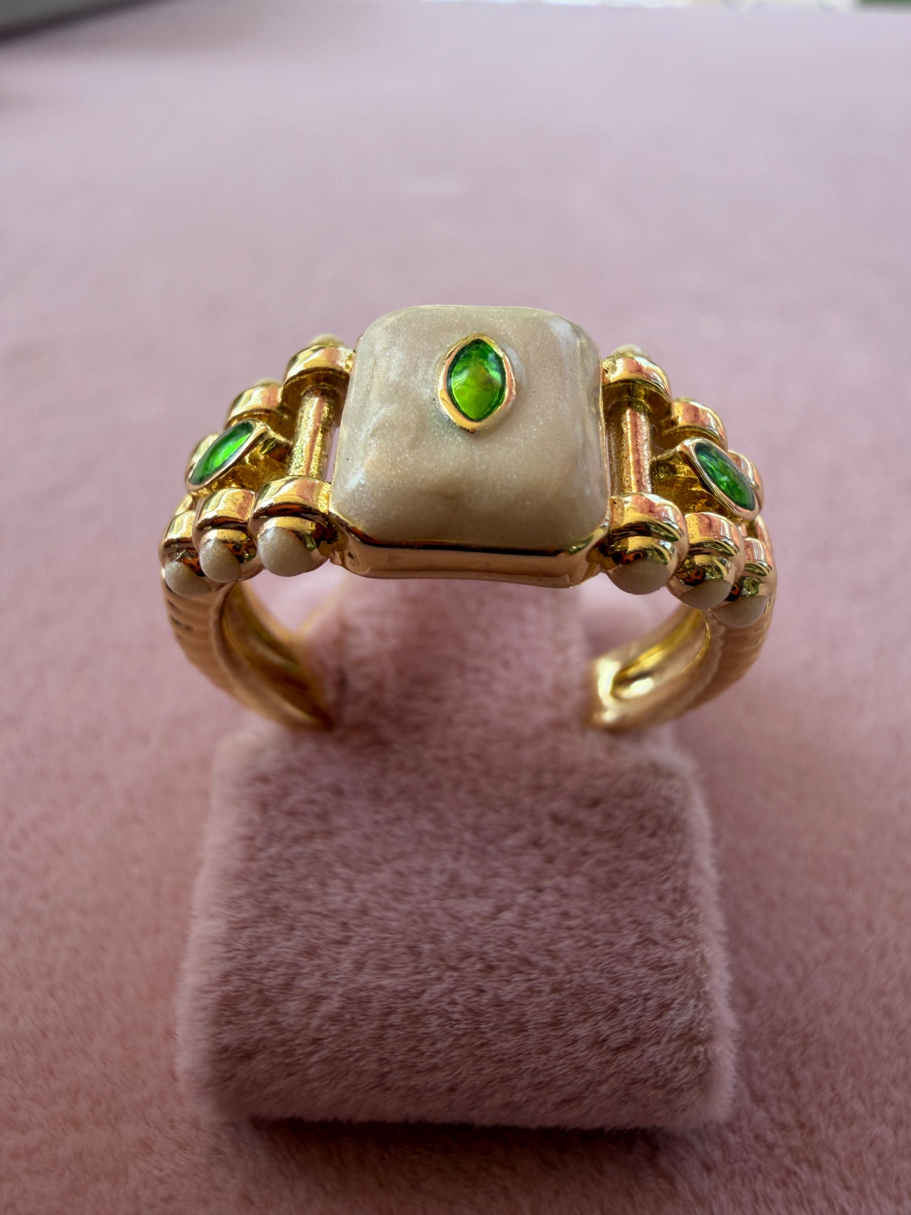 Ivory Emerald Mosaic Adjustable Statement Ring