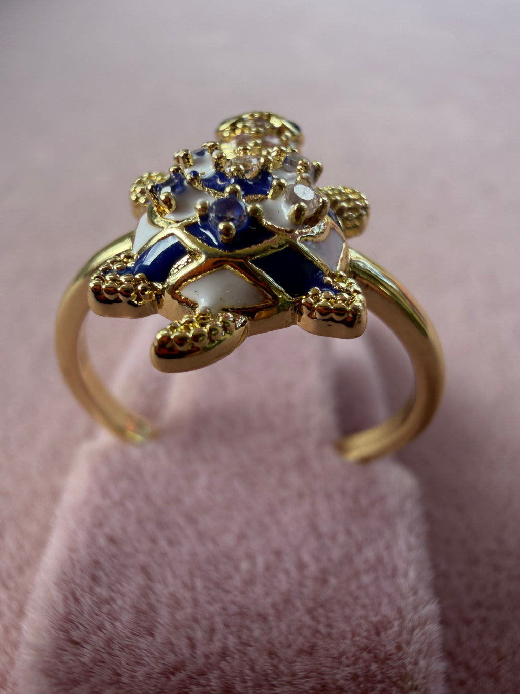 Blue & White Enamel Sea Turtle Statement Ring
