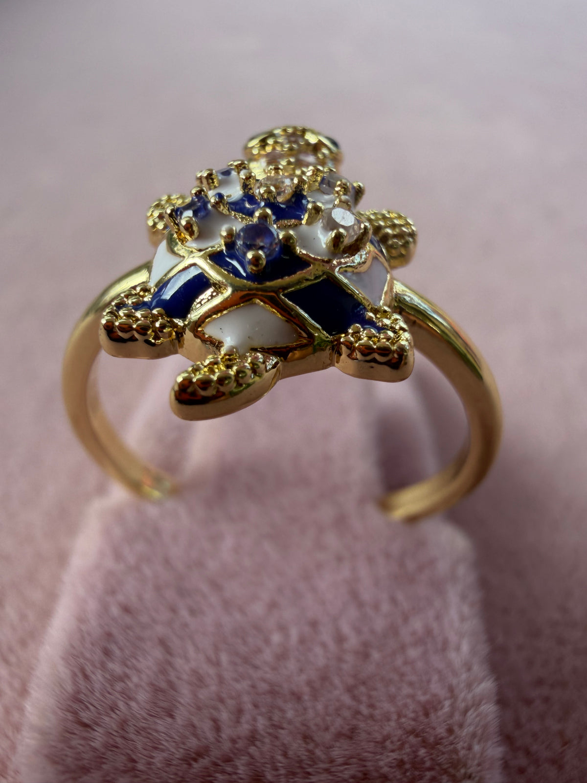 Blue & White Enamel Sea Turtle Statement Ring