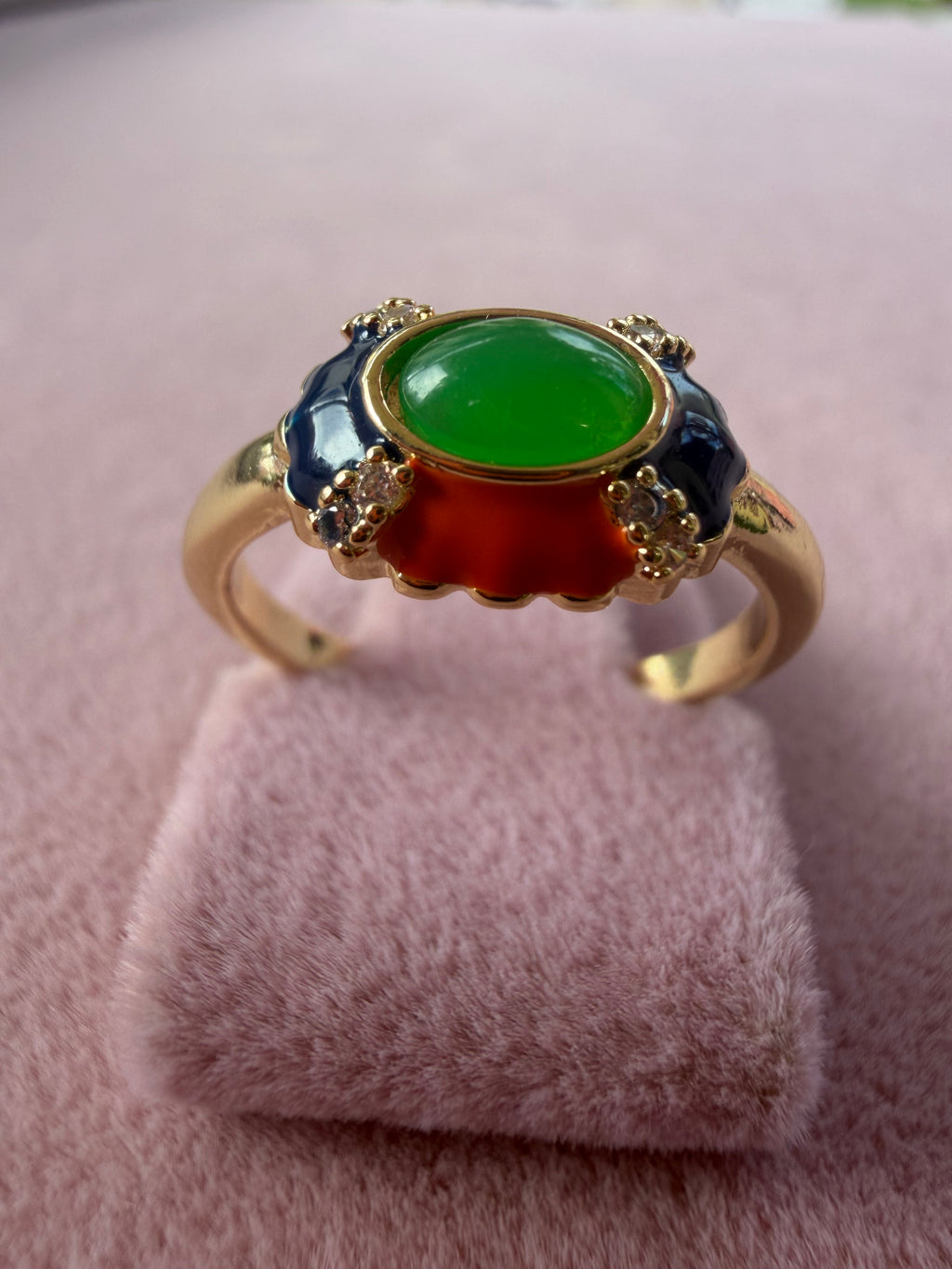 Green Stone Multicolor Enamel Adjustable Ring