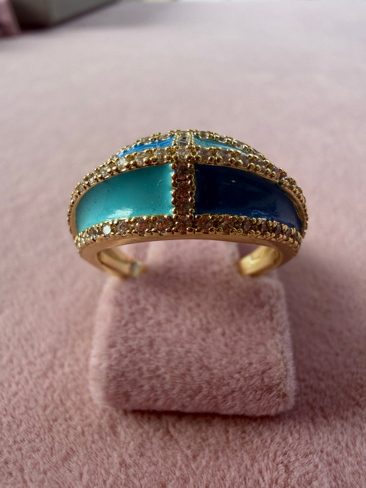 Blue Enamel Crystal Dome Adjustable Ring