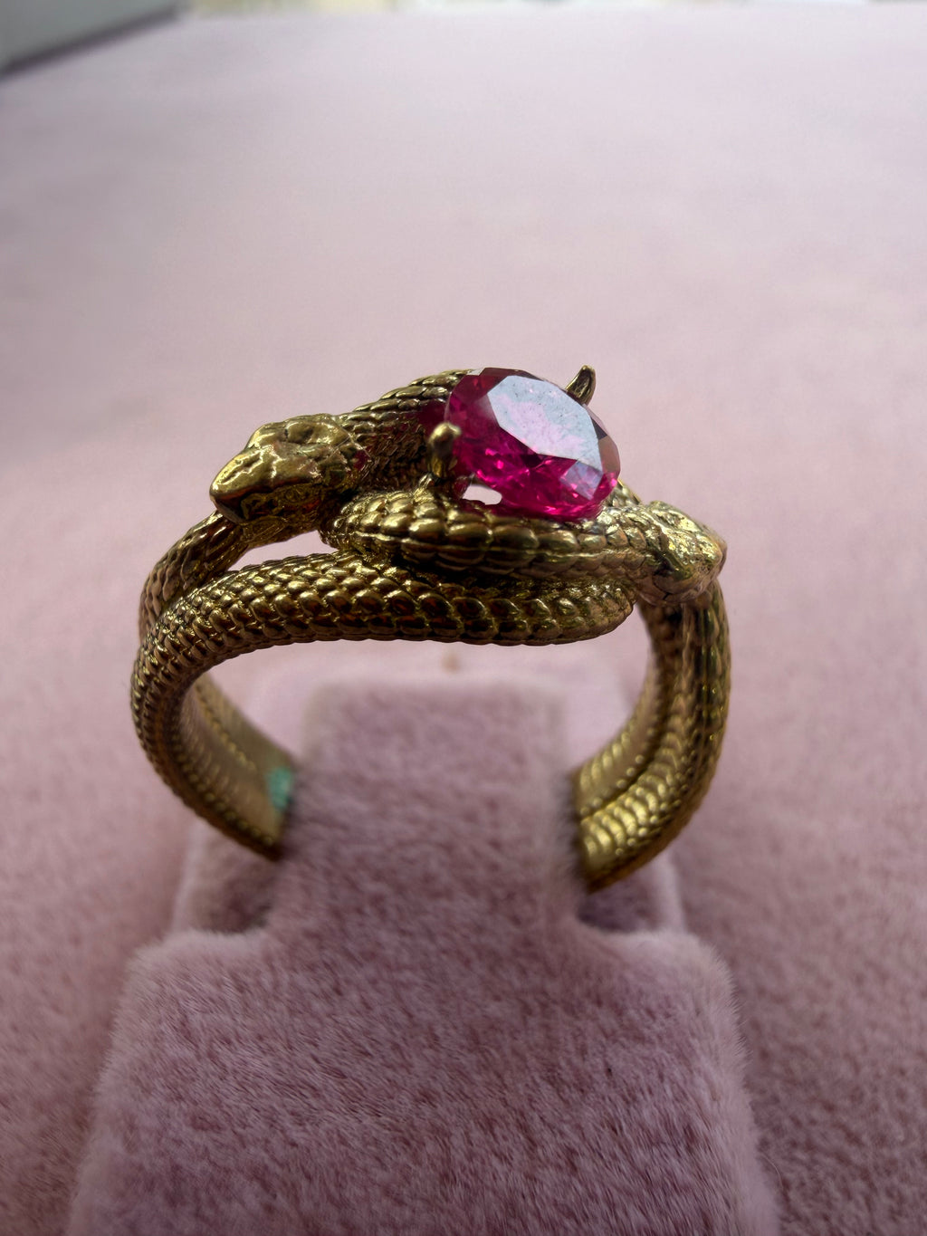 Handmade Adjustable Bronze Snake Ring with Natural Stone