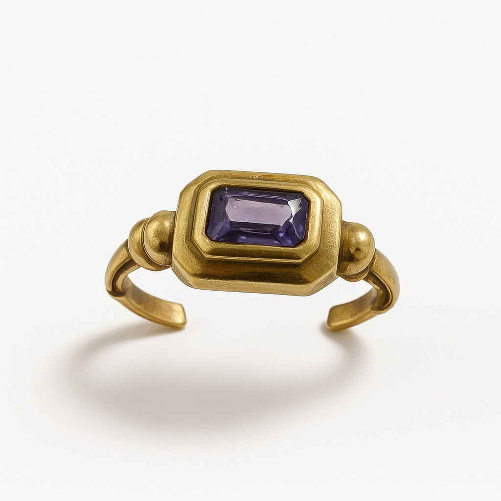 Gold Amethyst Rectangular Stone Adjustable Ring