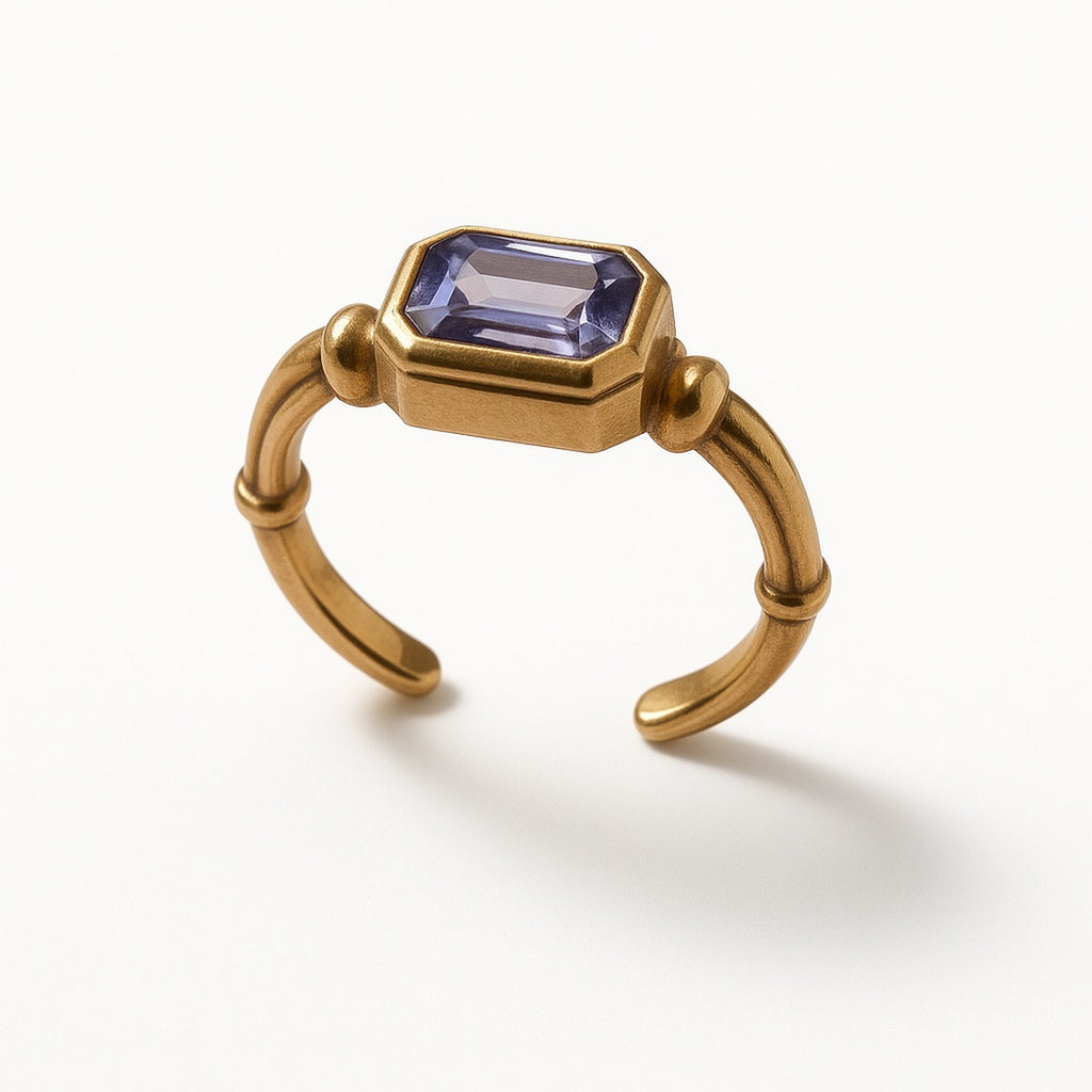 Gold Amethyst Rectangular Stone Adjustable Ring