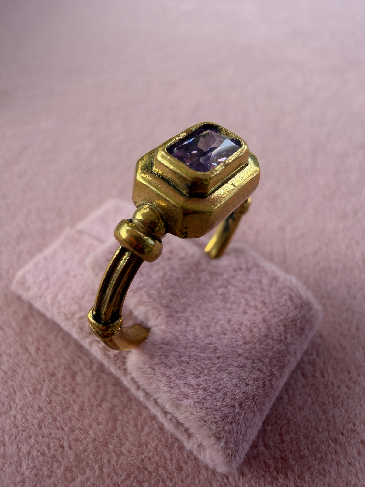 Gold Amethyst Rectangular Stone Adjustable Ring