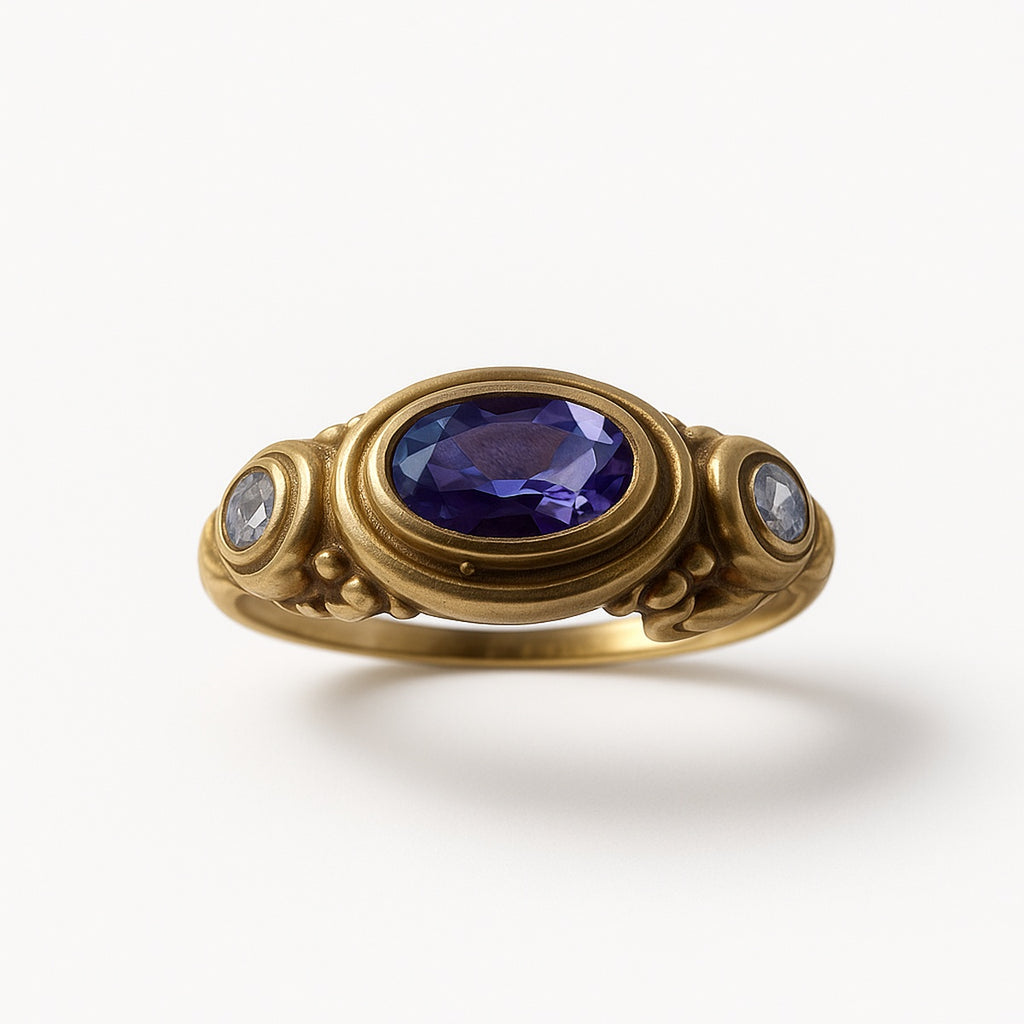 Gold Amethyst Purple Oval Crystal Adjustable Ring