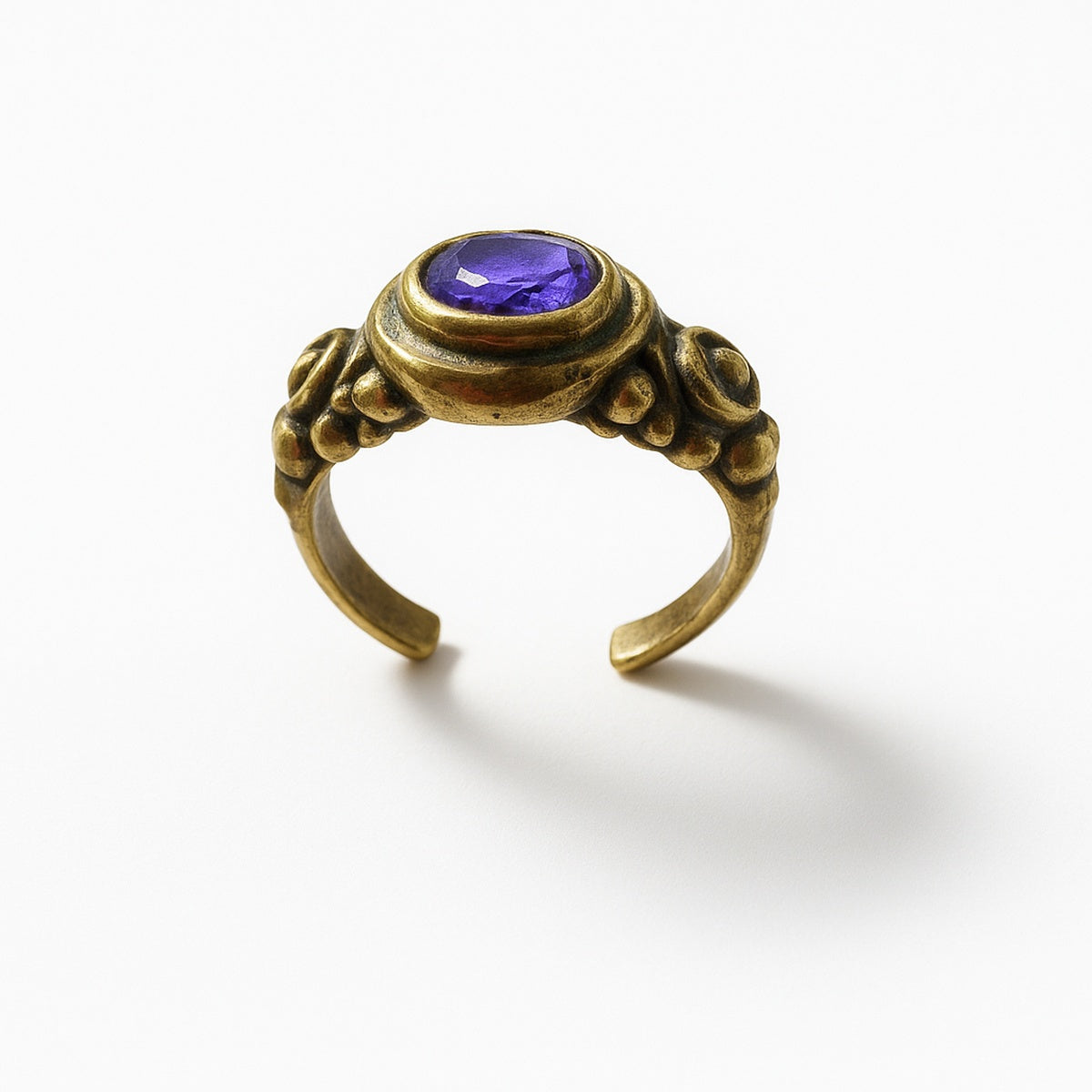 Gold Amethyst Purple Oval Crystal Adjustable Ring