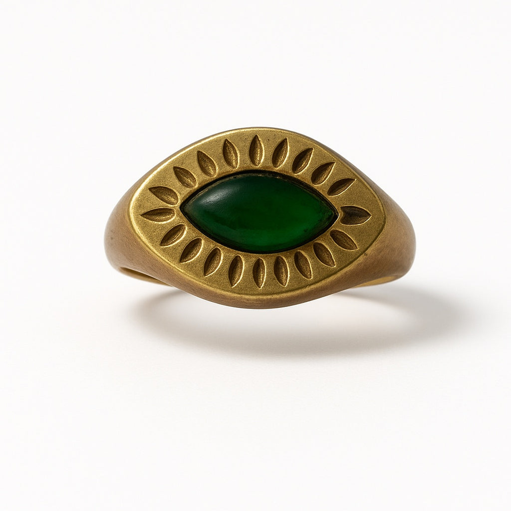 Gold Evil Eye Emerald Marquise Adjustable Ring
