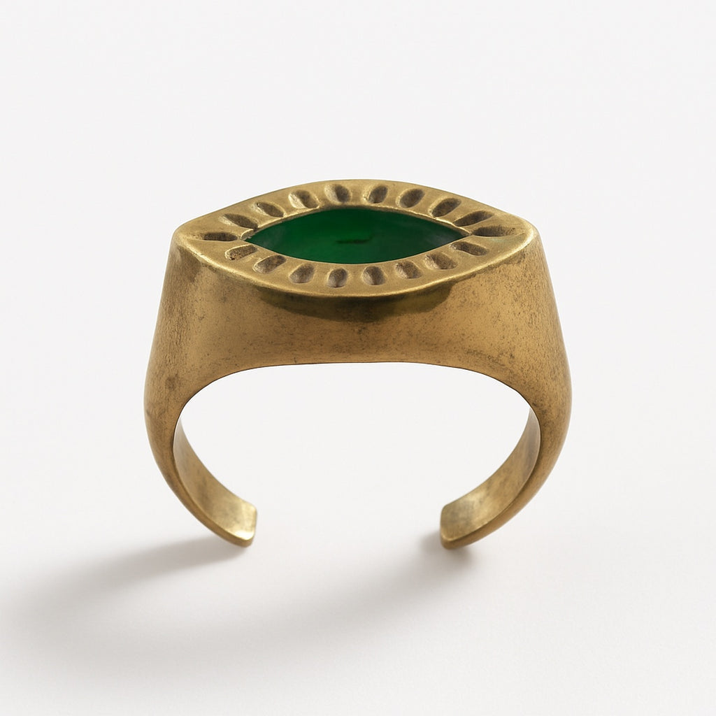 Gold Evil Eye Emerald Marquise Adjustable Ring