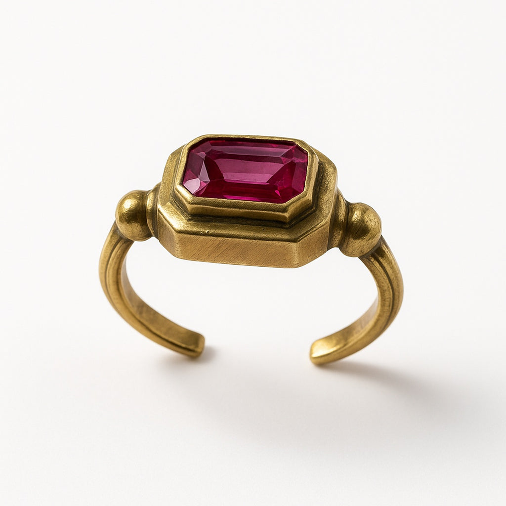 Gold Ruby Emerald Cut Octagonal Bezel Adjustable Ring