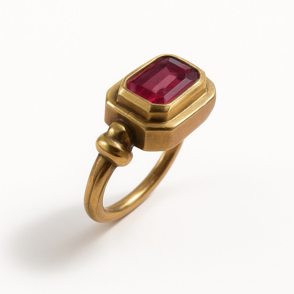 Gold Ruby Emerald Cut Octagonal Bezel Adjustable Ring