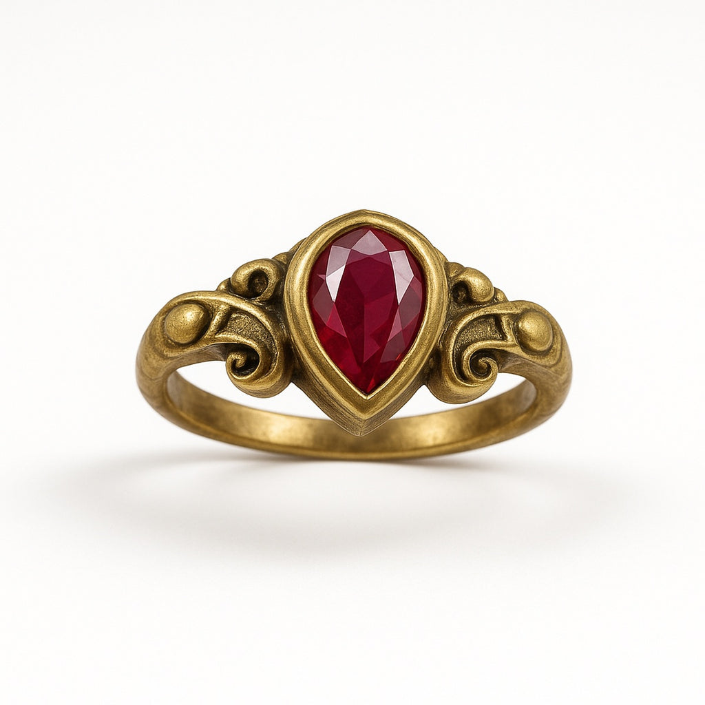 Gold Ruby Pear Drop Scrollwork Adjustable Ring
