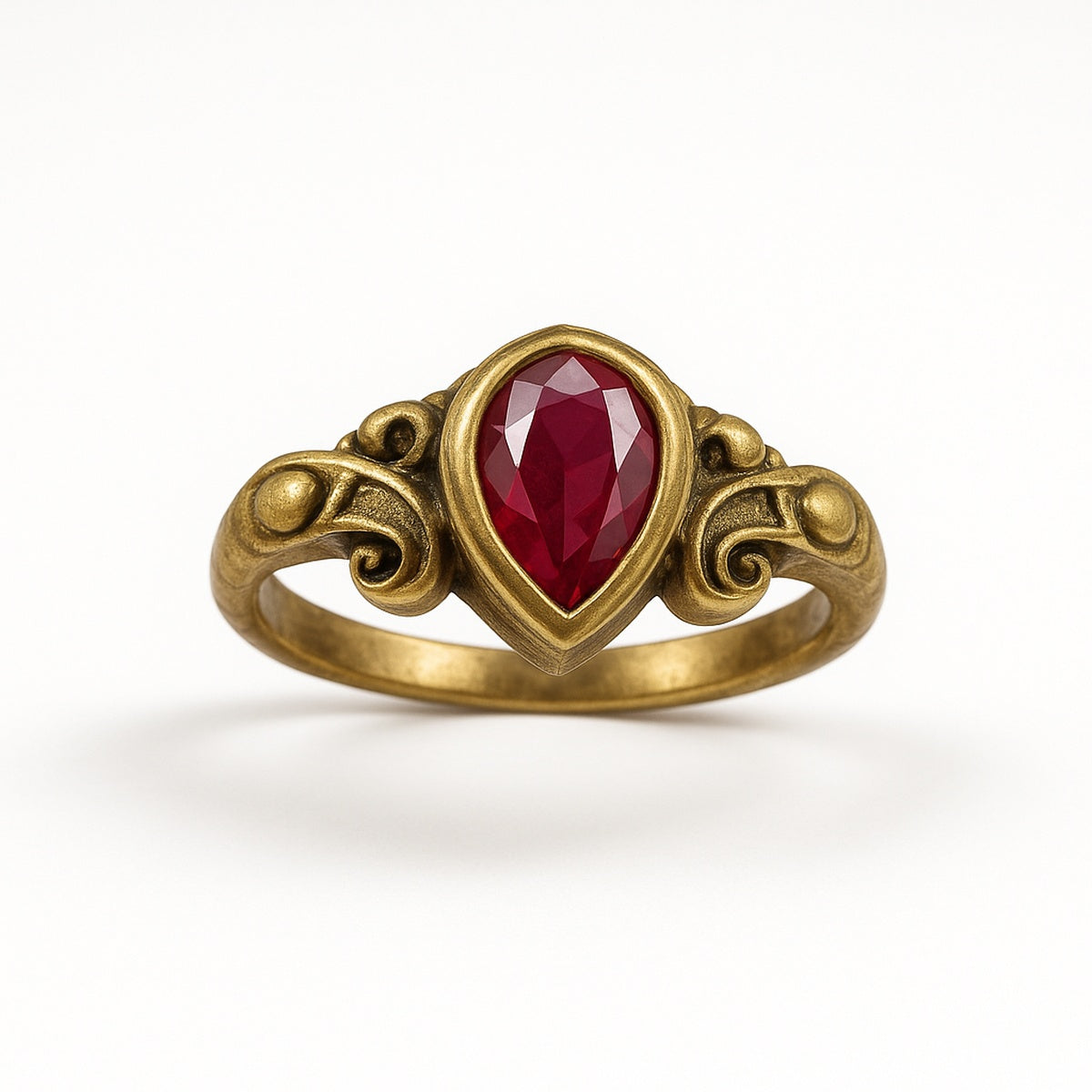 Gold Ruby Pear Drop Scrollwork Adjustable Ring