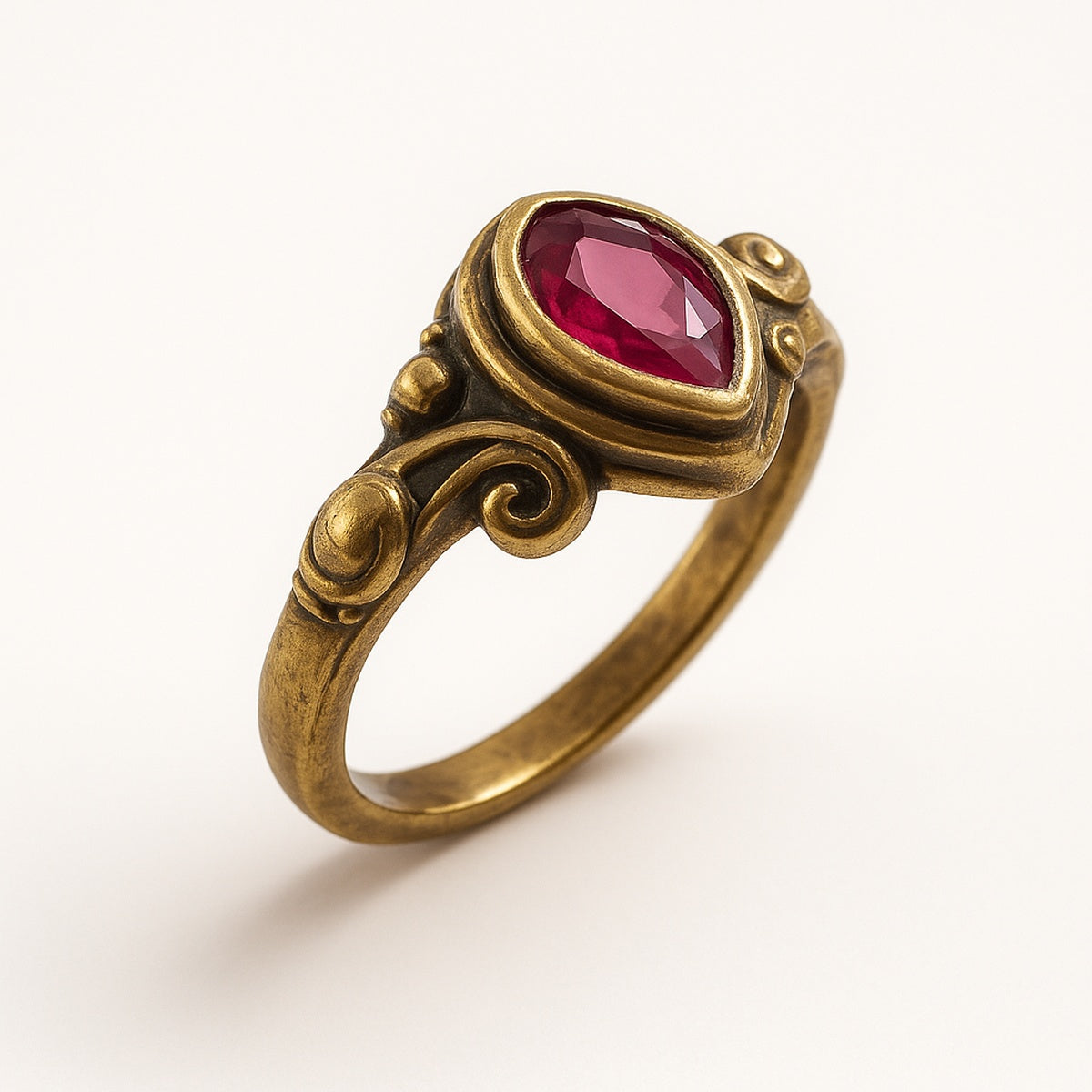 Gold Ruby Pear Drop Scrollwork Adjustable Ring