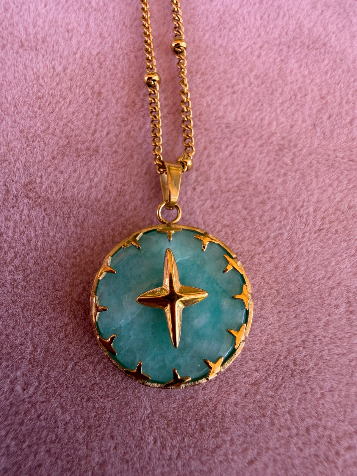 Teal Turquoise Stone Necklace with Gold North Star Pendant