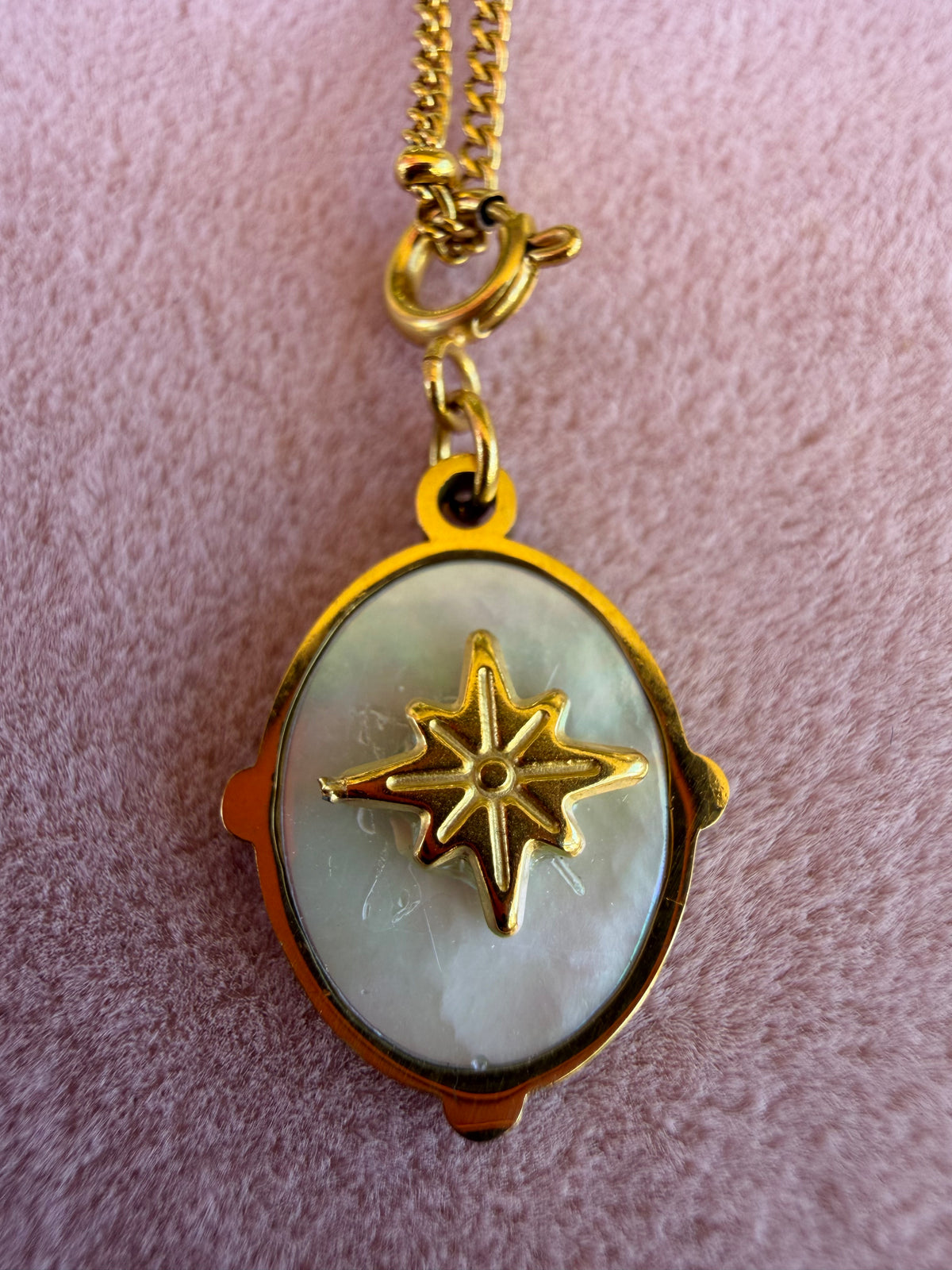 Gold Oval Mother of Pearl Pendant Necklace with North Star