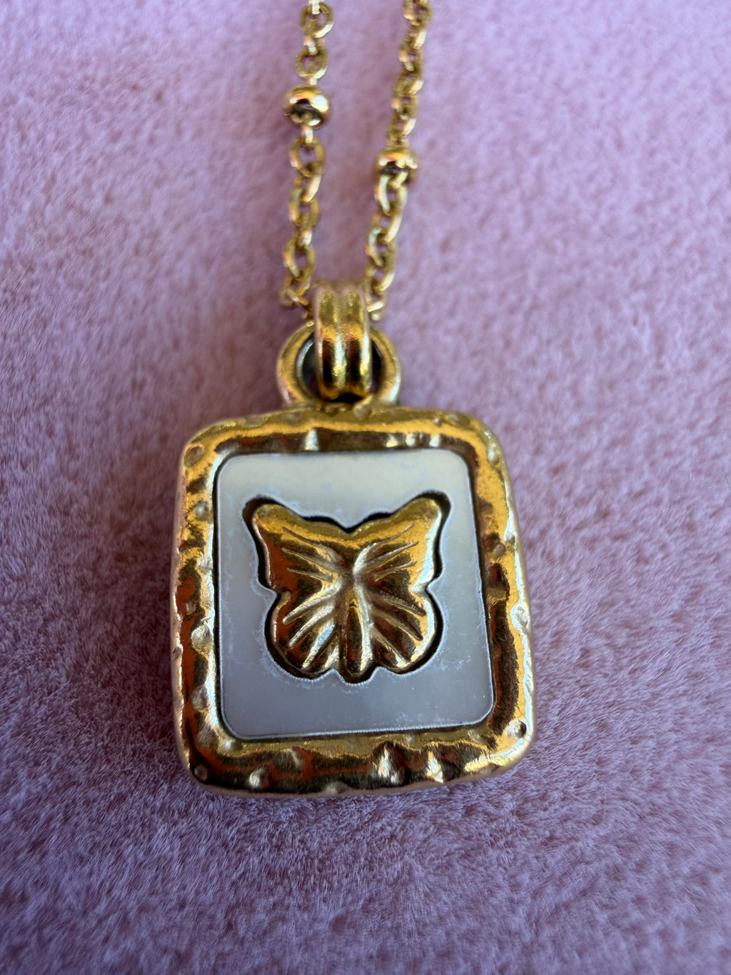 Gold Square White Enamel Butterfly Pendant Necklace