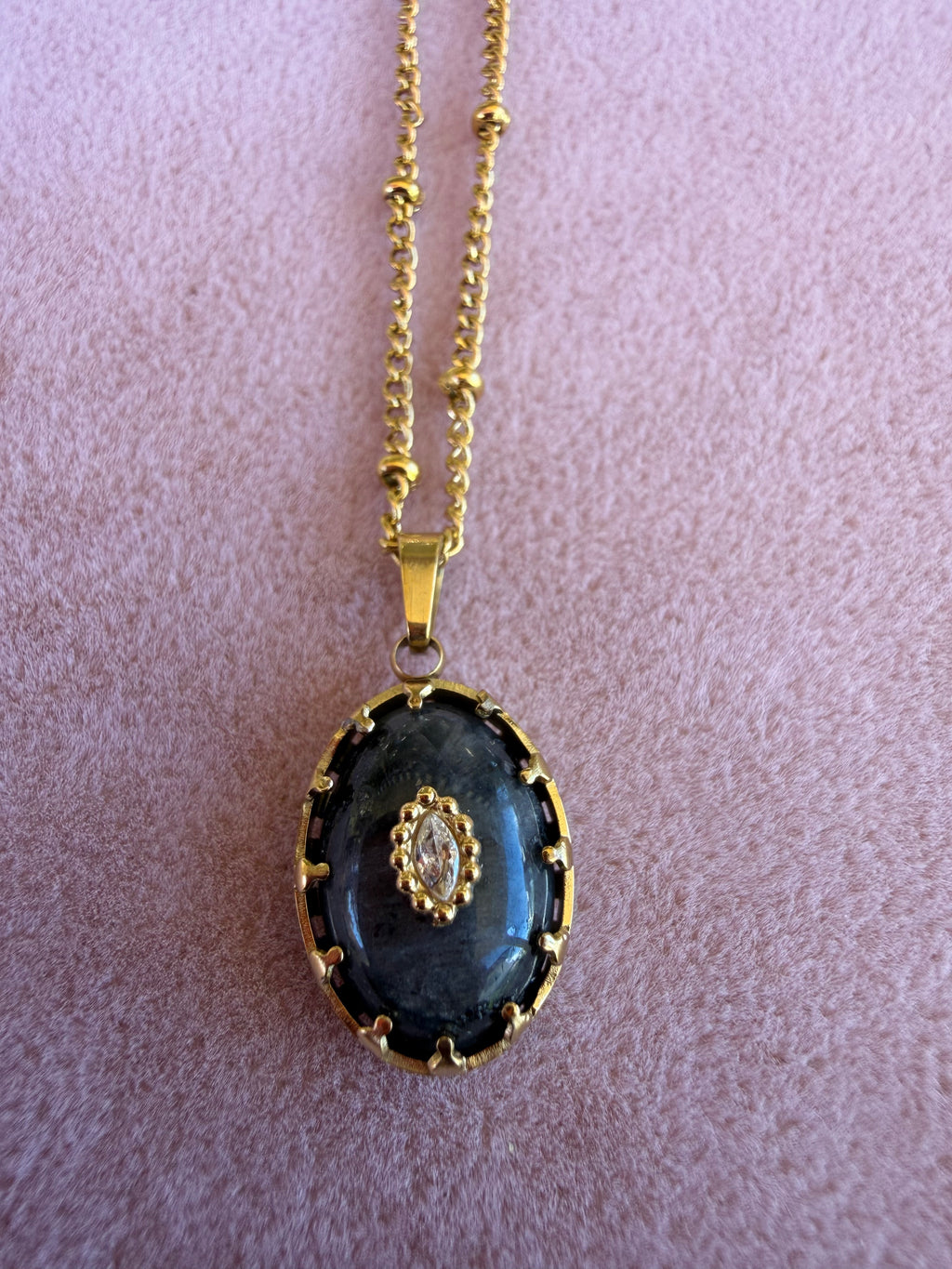 Gold Oval Black Stone Pendant Necklace with Crystal Center Accent