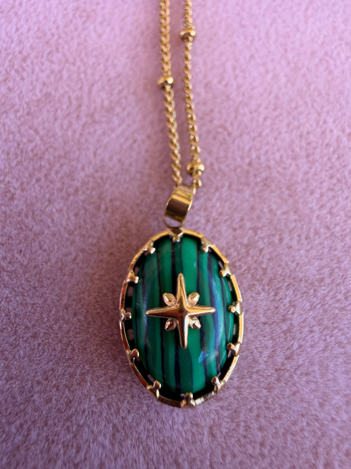 Gold Oval Malachite Pendant Necklace with North Star