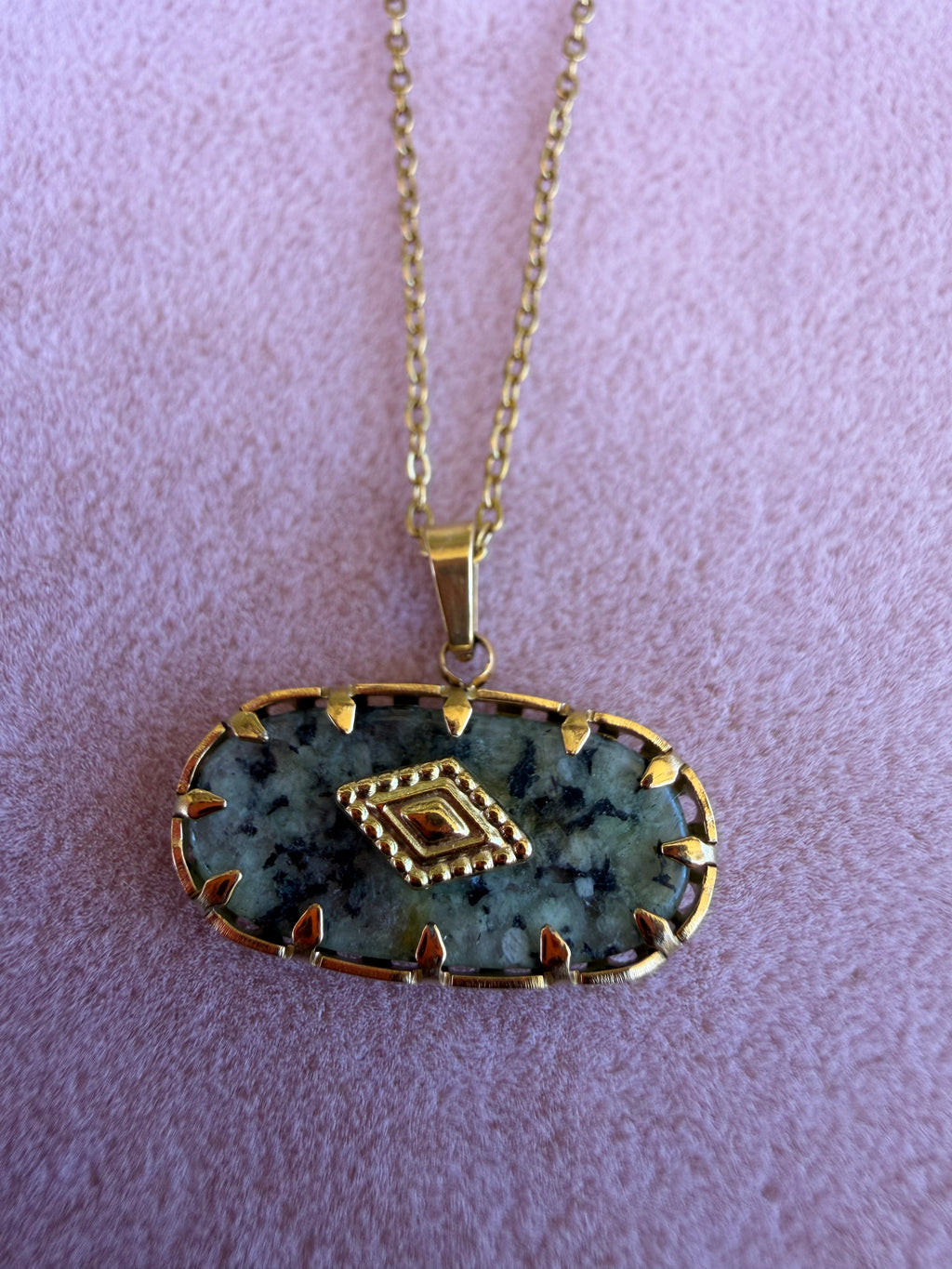 Gold Rectangular Dark Green Stone Pendant Necklace with Diamond Accent